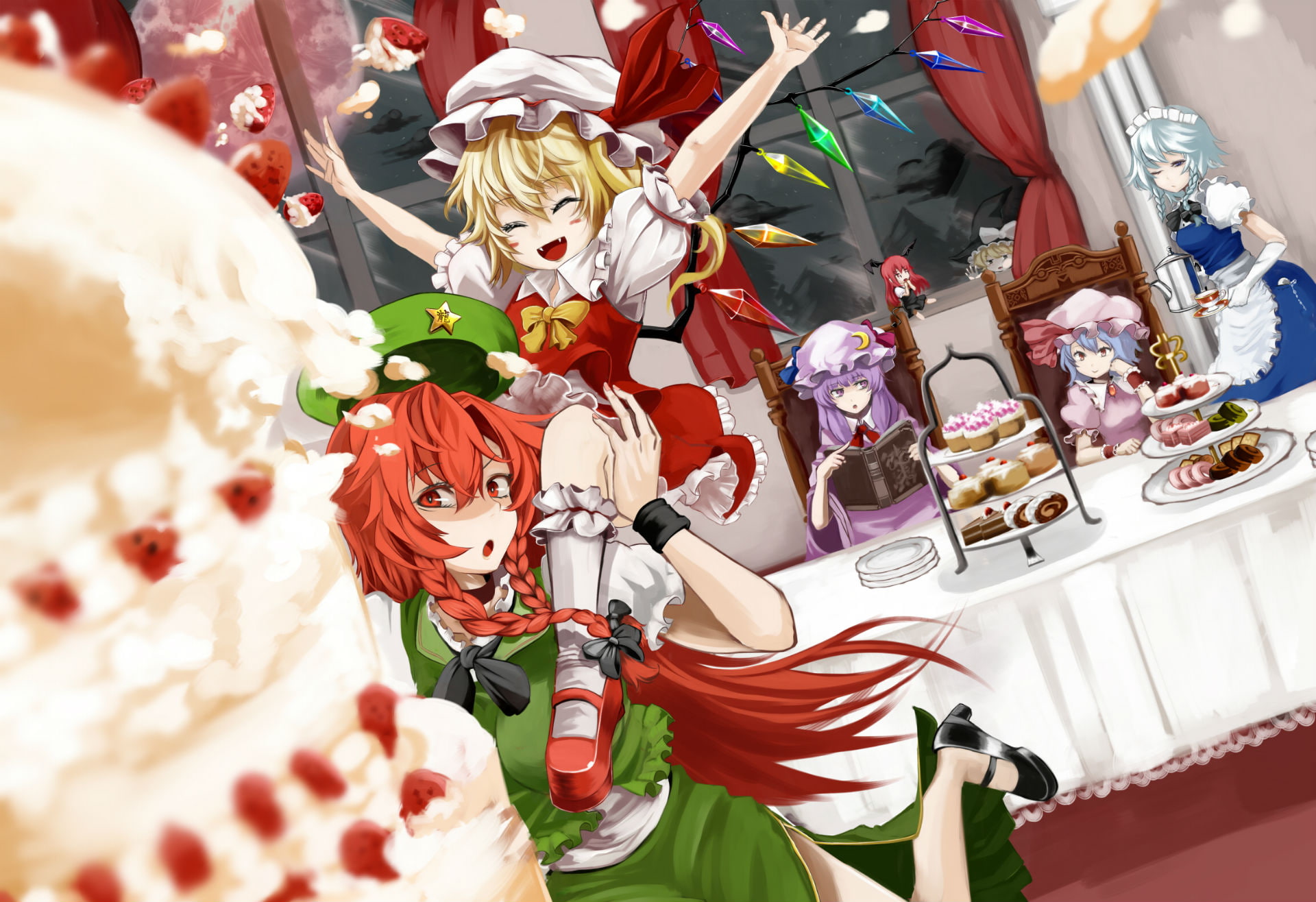 food, sakuya, hong, hat, touhou, meiling, hair, braids, long, witch, strawberry, bow, wings, tail, 1080P, gloves, vampire, koakuma, merutoreimu, moon, HD Wallpaper