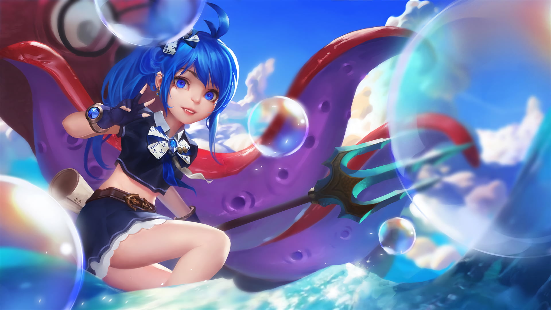 Ke Xue, 1080P, tentacles, blue hair, anime girls, HD Wallpaper