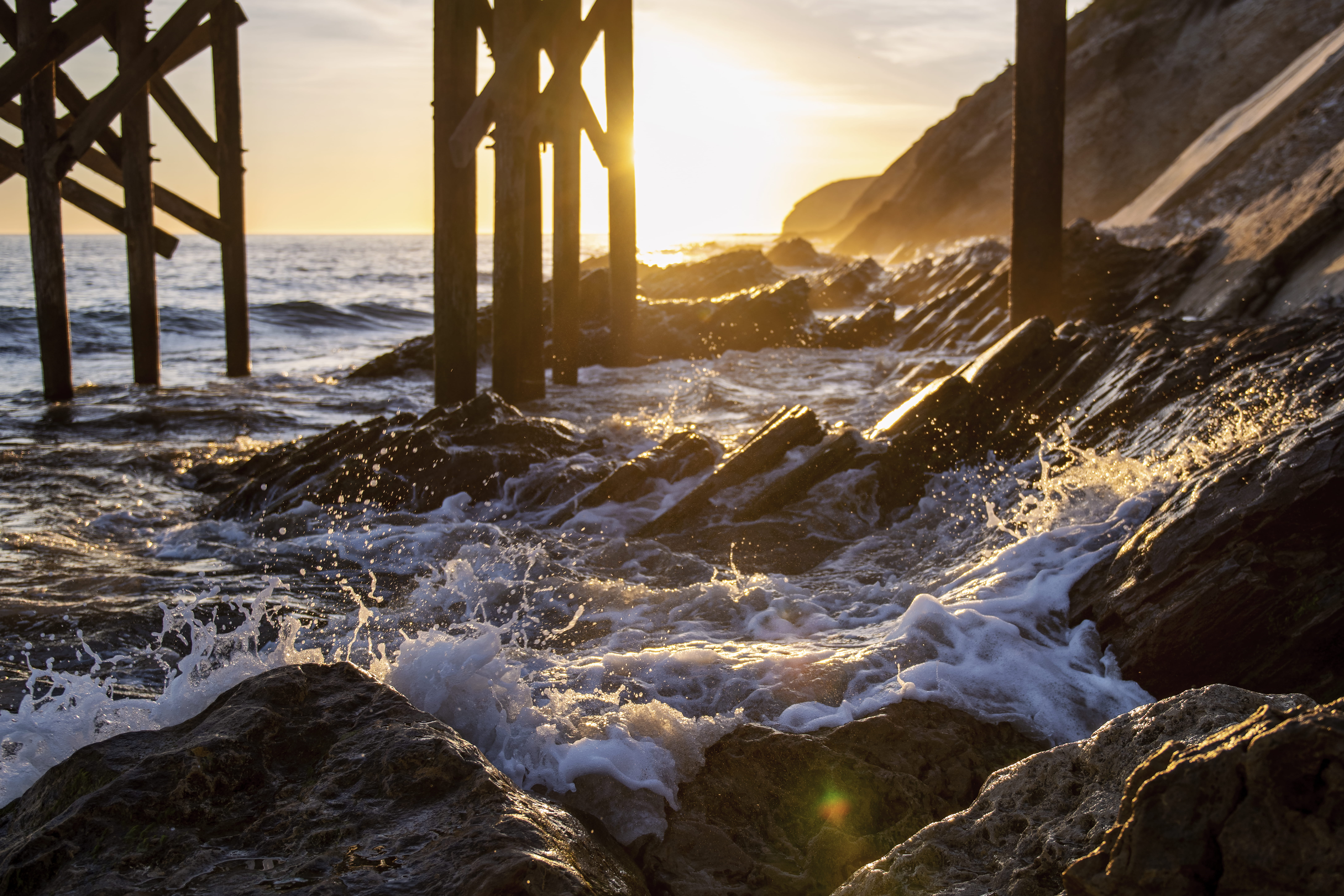 gaviota beach, sun, sunlight, nature, outdoors, flowing water, rock - object, aquatic sport, sea, waves, 8K, ocean, united states, horizon over water, HD Wallpaper