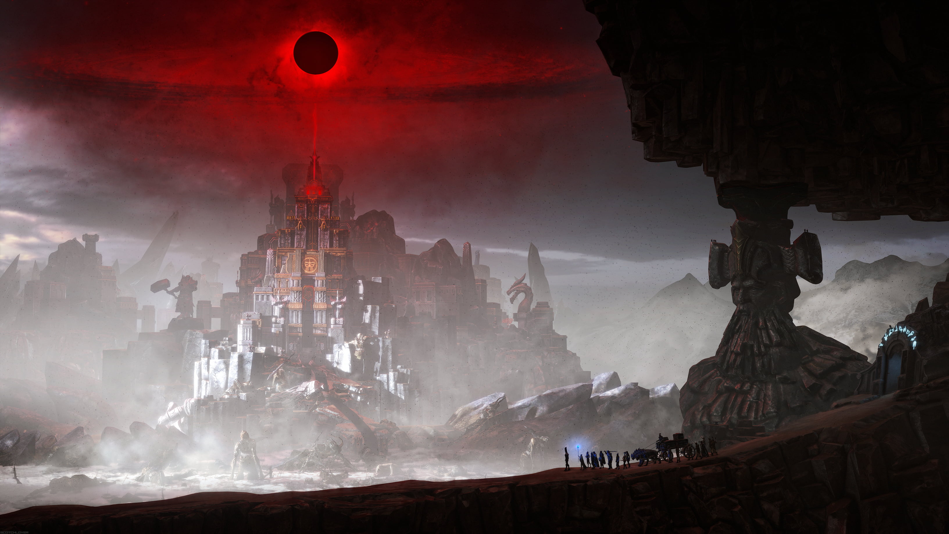 2K, Moon, Statue, Adventure, Fantasy, Beam, Landscape, Castle, HD Wallpaper