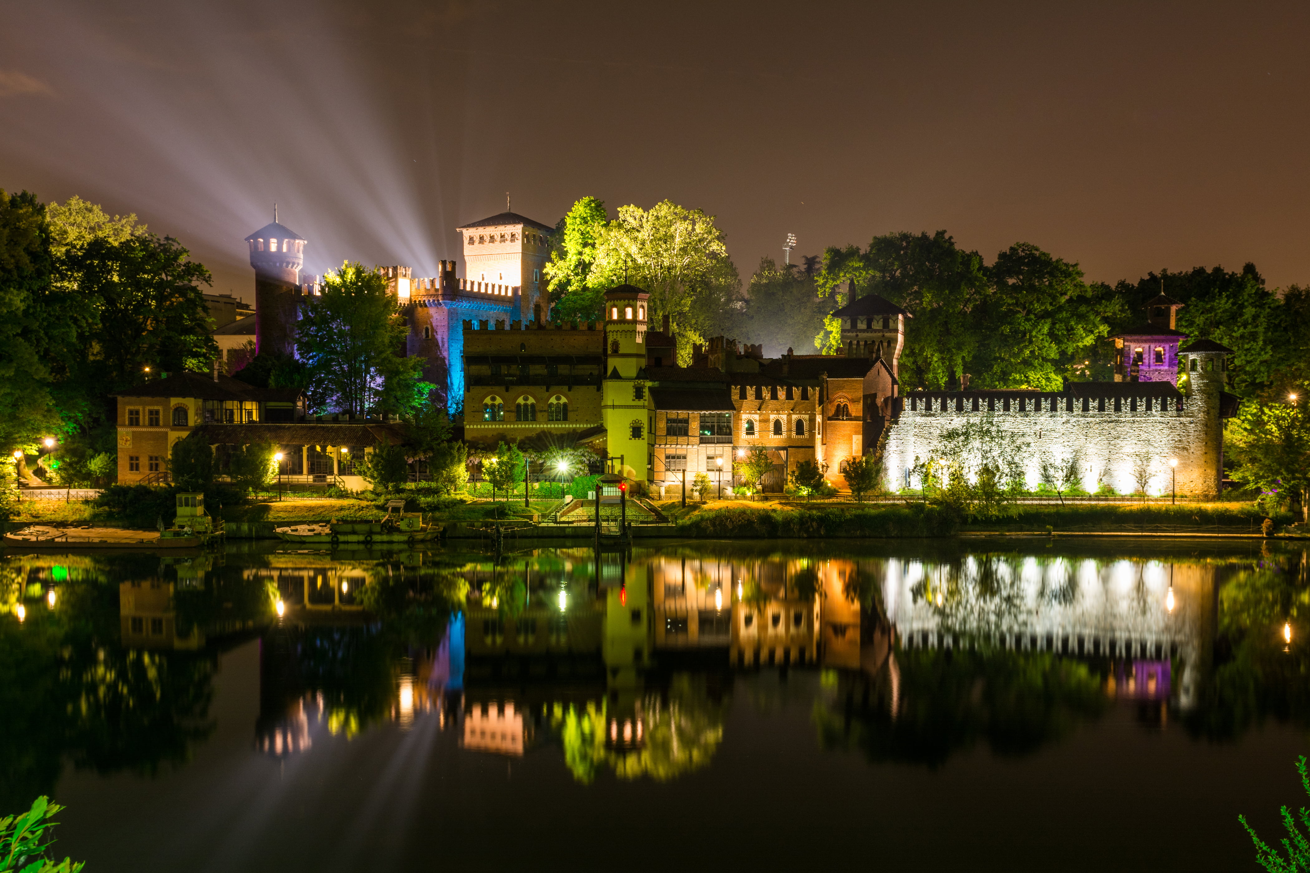 4K, city, architecture, illuminated, Turin, nature, home, outdoors, sky, river, tree, building exterior, water, night, residential district, travel destinations, HD Wallpaper