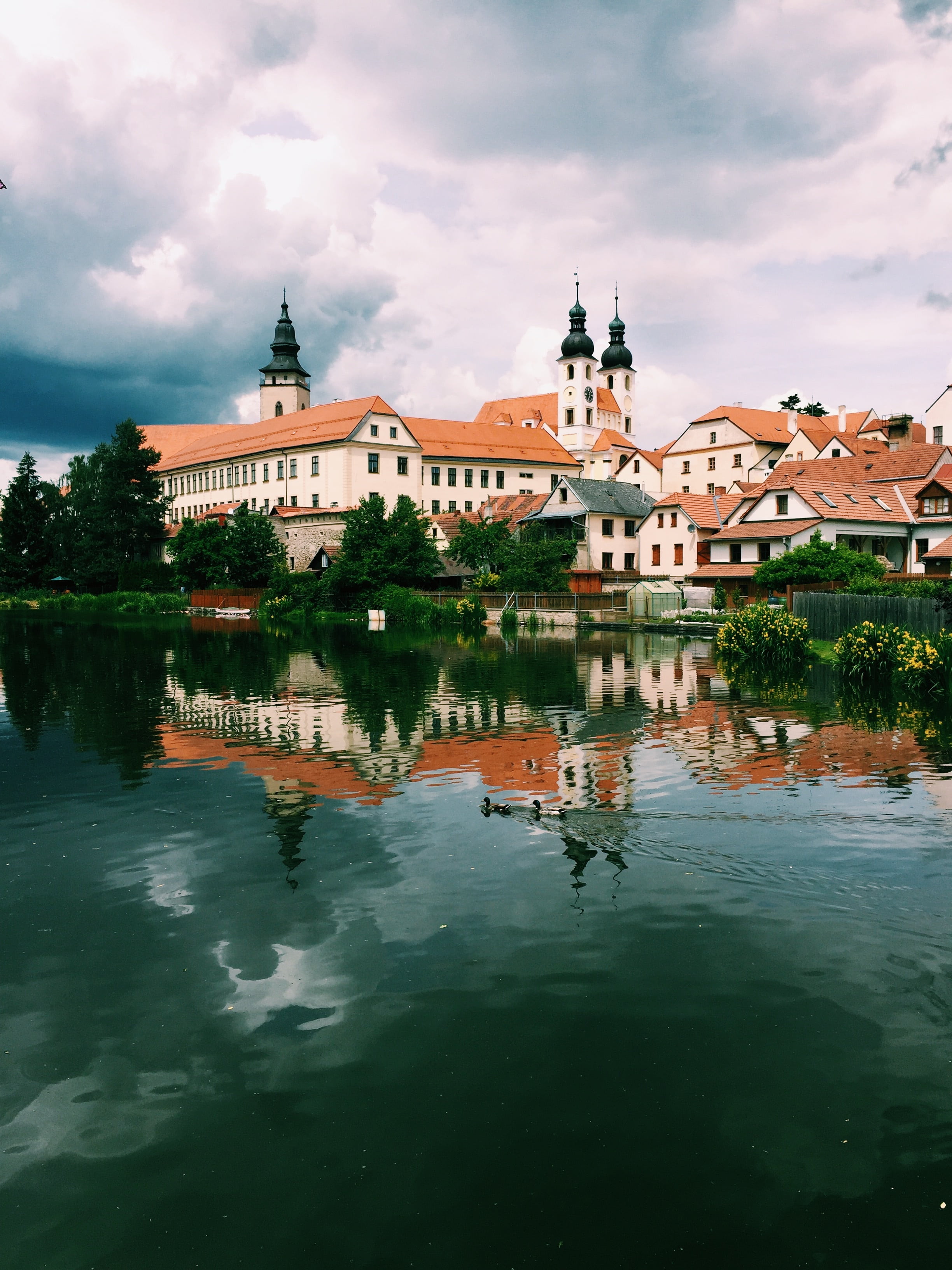 czech, plant, church, nature, landscape, house, town, telc, waterfront, sky, day, built structure, tourism, heritage, building, unesco, outdoors, moravia, Phone HD Wallpaper