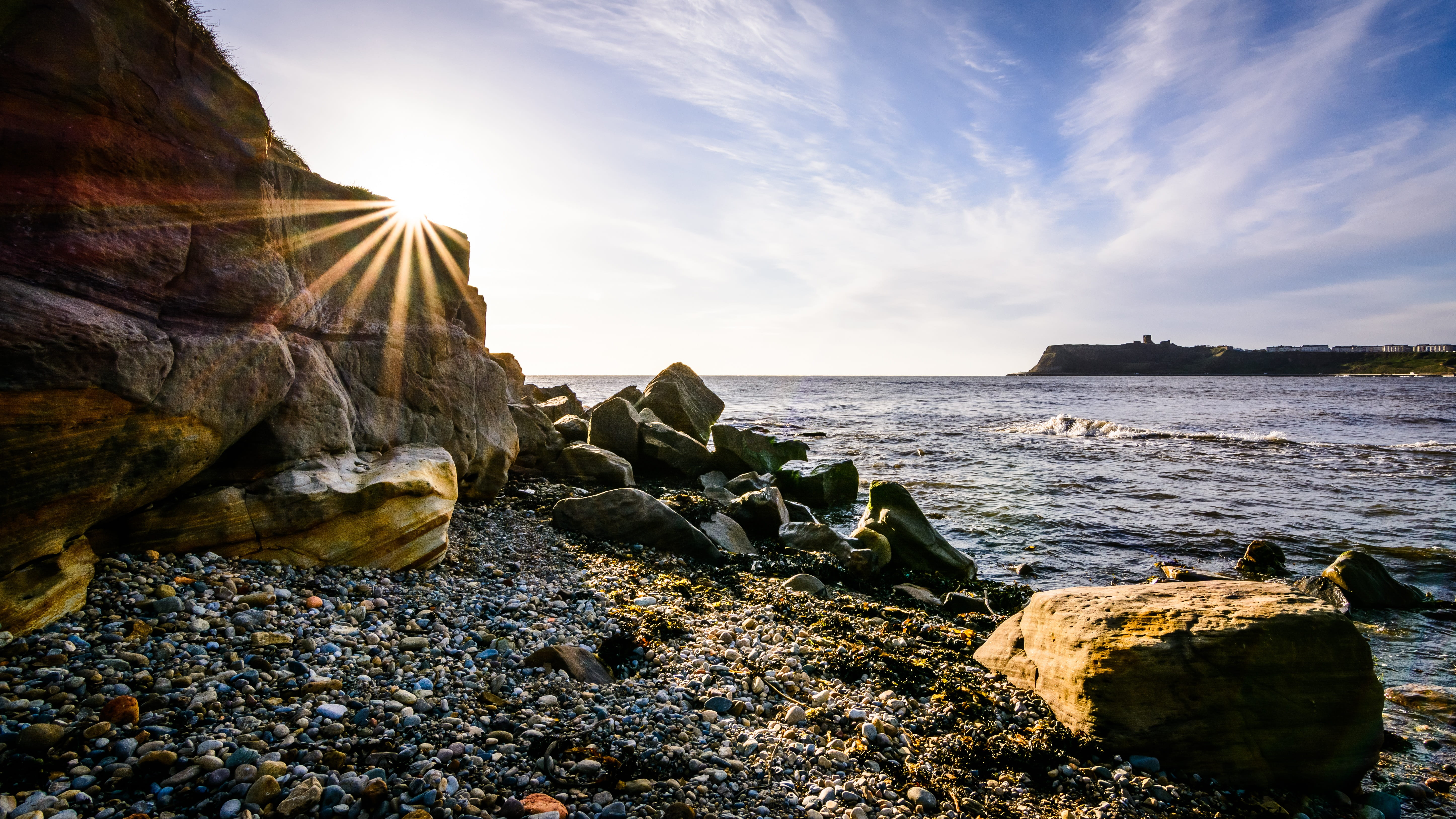 sea, rocky coastline, landscape, coast, shore, light, beauty in nature, sky-clouds, solid, horizon over water, scenics - nature, rays, beach, seaside, spring, HD Wallpaper