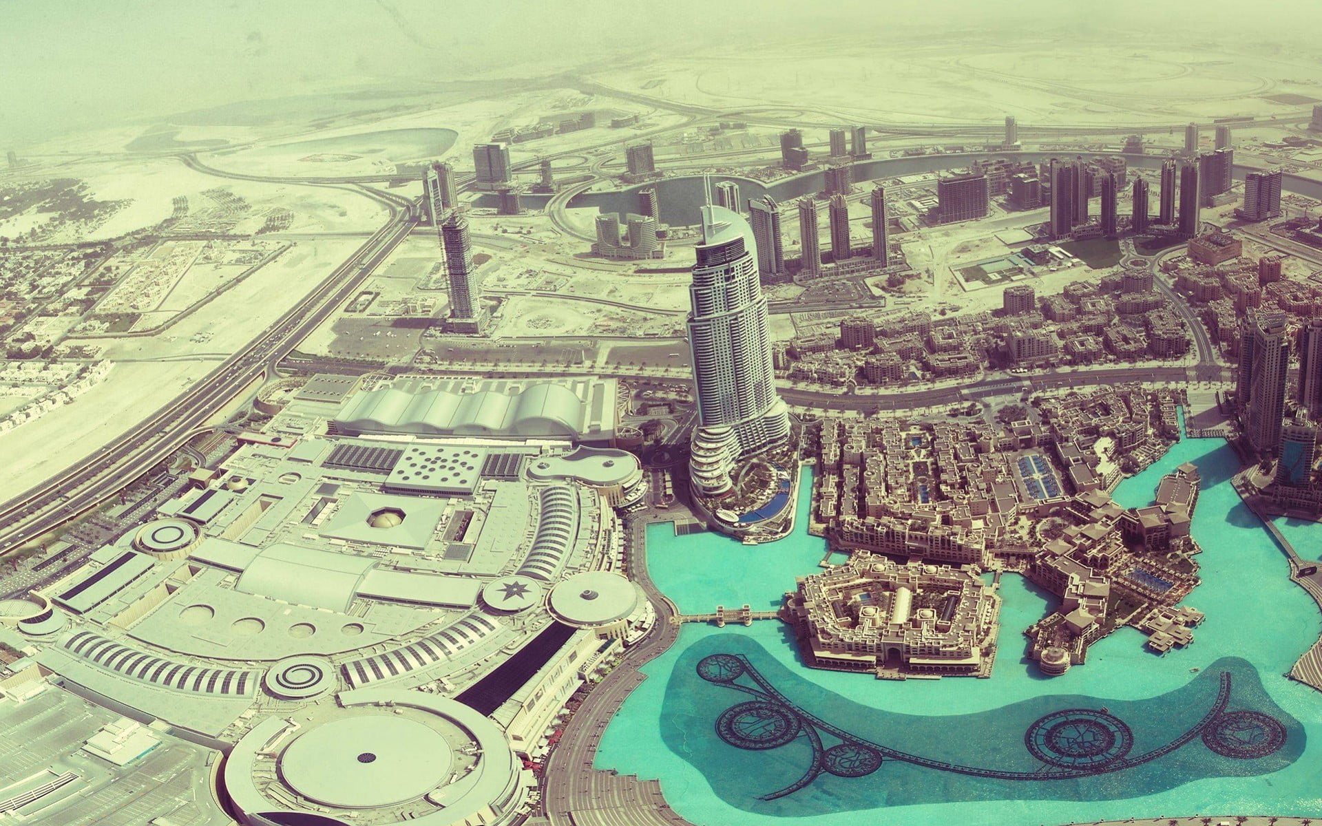 high angle view, auto post production filter, Dubai, cityscape, skyscraper, train, day, green, aerial view, machinery, built structure, water, travel, industry, HD Wallpaper