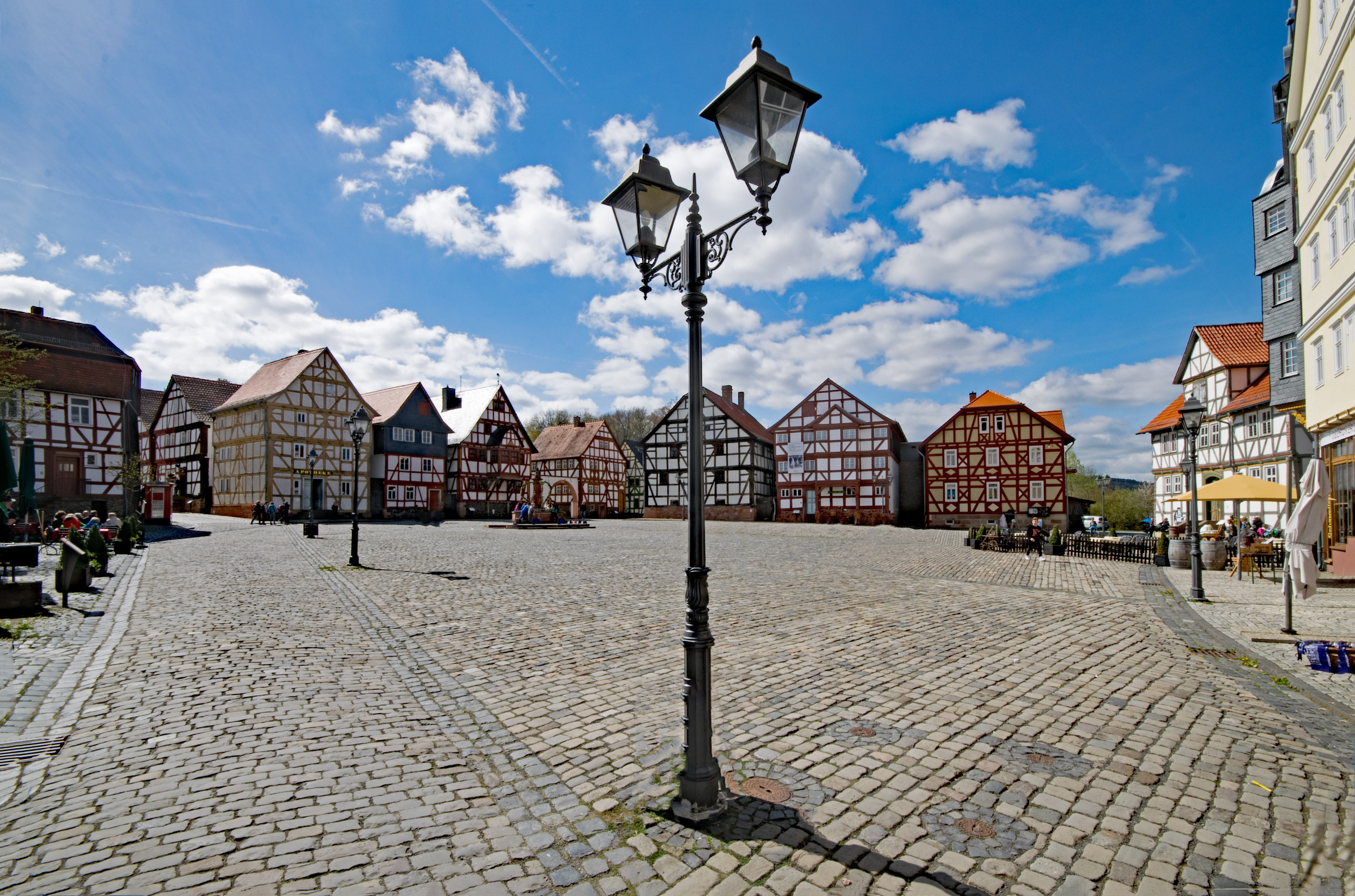 Neu-Anspach, hesse park, nature, cobblestone, footpath, architecture, building, Germany, cloud - sky, fachwerkhaus, street light, street, paving stone, HD Wallpaper