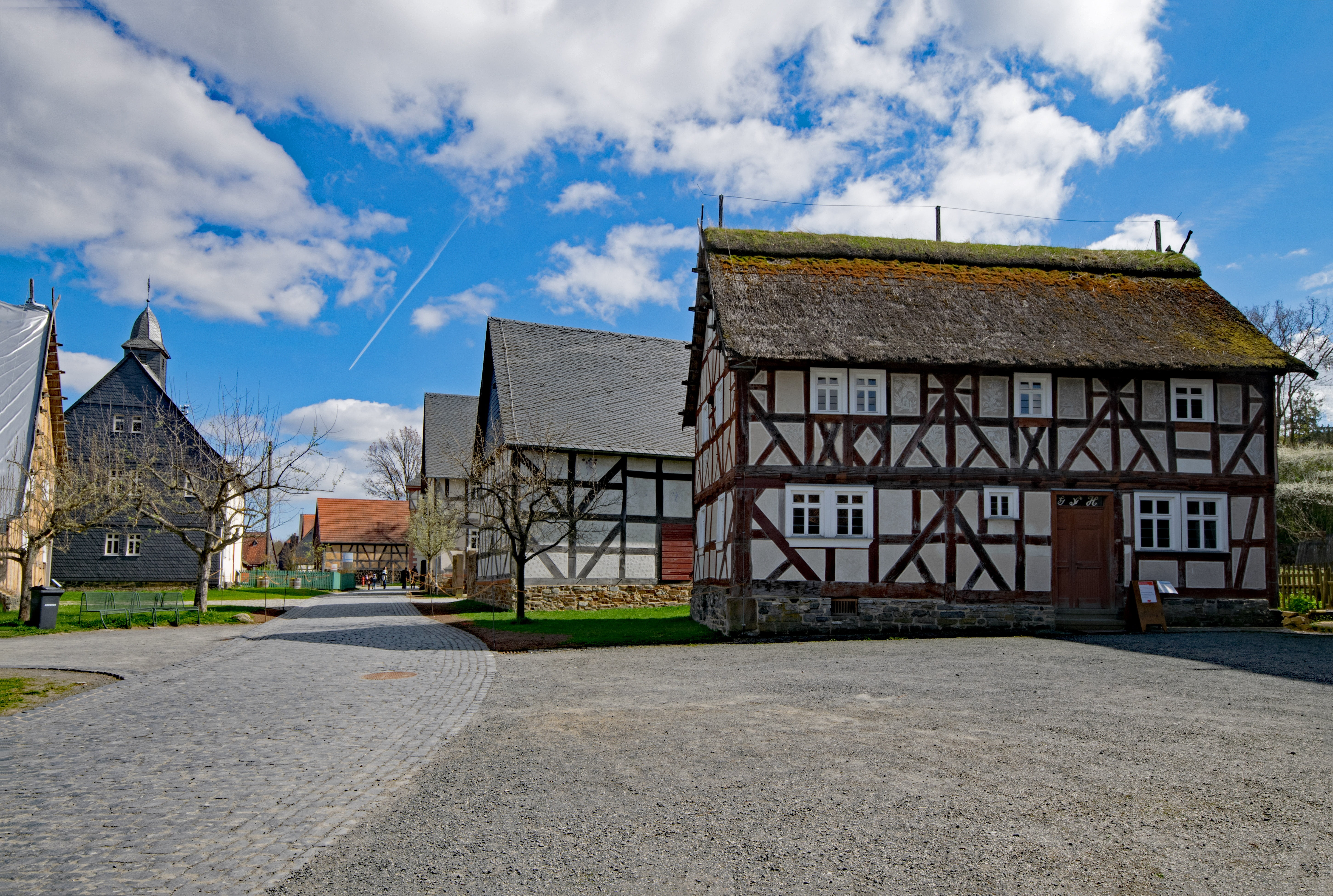 outdoors, residential district, sky, spirituality, fachwerkhaus, cloud - sky, hesse, neu-anspach, no people, old, religion, building, hesse park, built structure, HD Wallpaper
