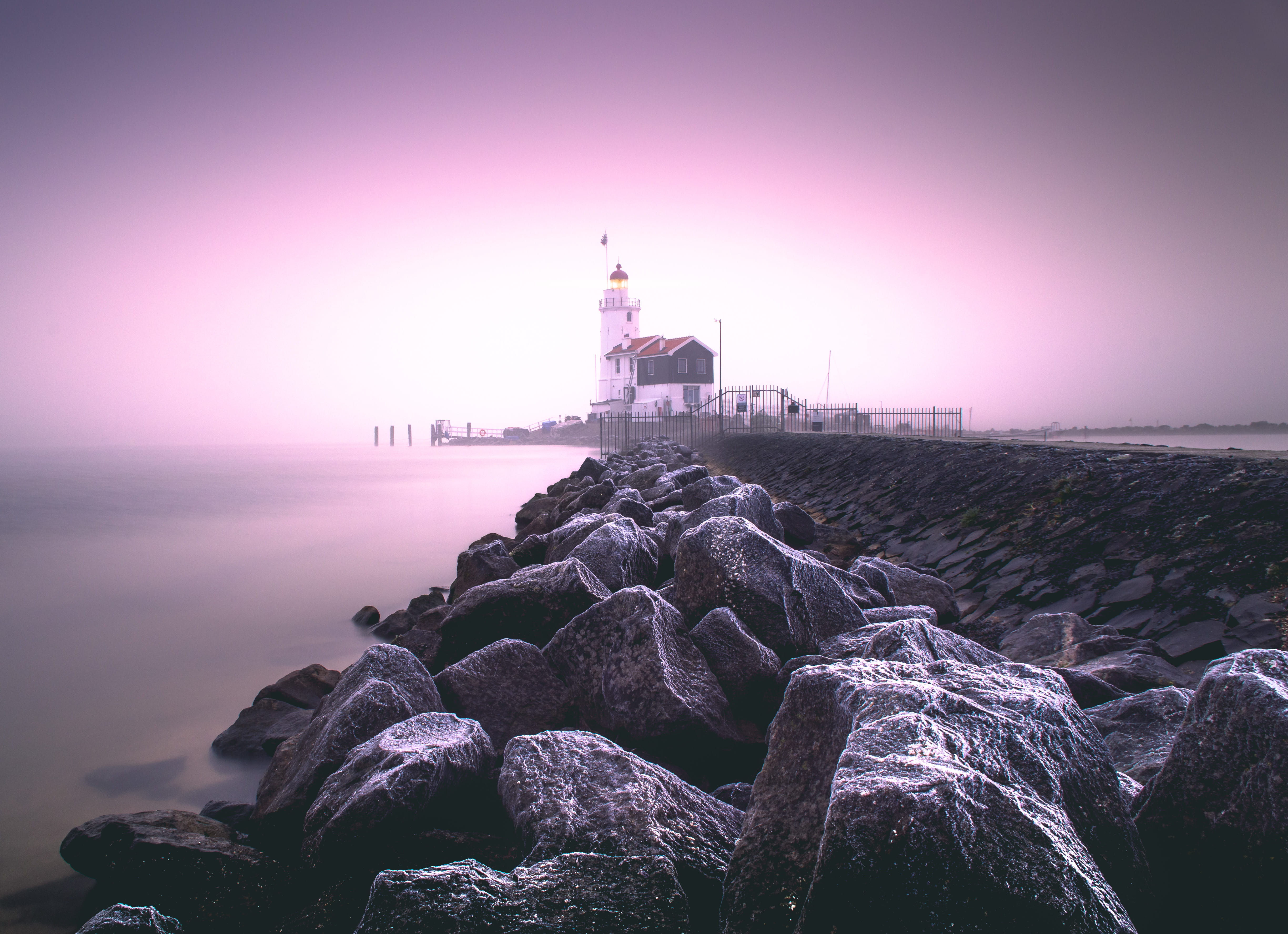 shore, water, fog, lighthouse, beauty in nature, vacation, sky, travel destinations, rock - object, winter, built structure, fence, 4K, scenics - nature, HD Wallpaper