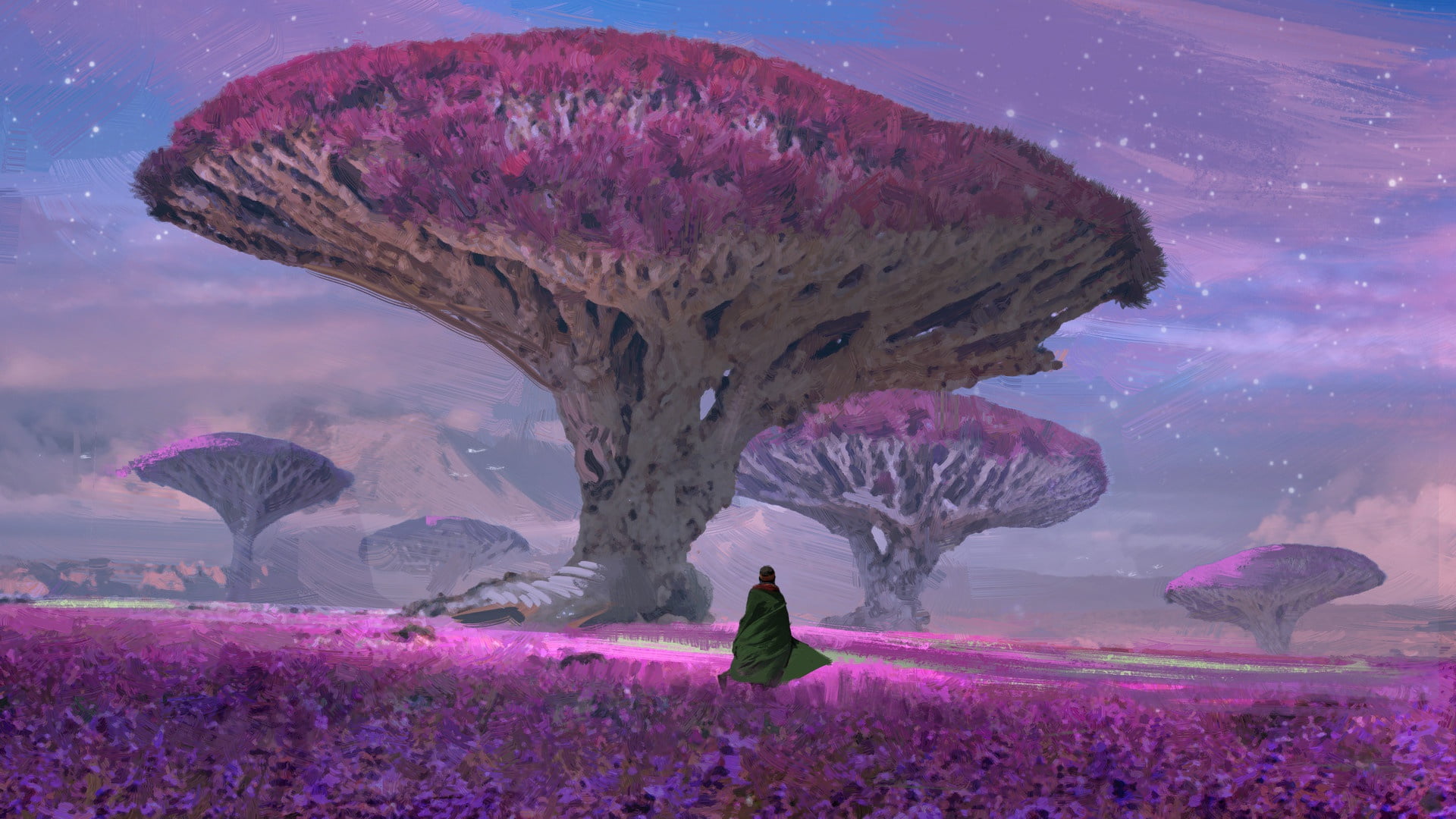 фиолетовая растительность, необычные деревья, purple vegetation, fantastic landscape, star, unusual trees, sky, stars, the sky, Savannah, mountains, a solitary figure, HD Wallpaper
