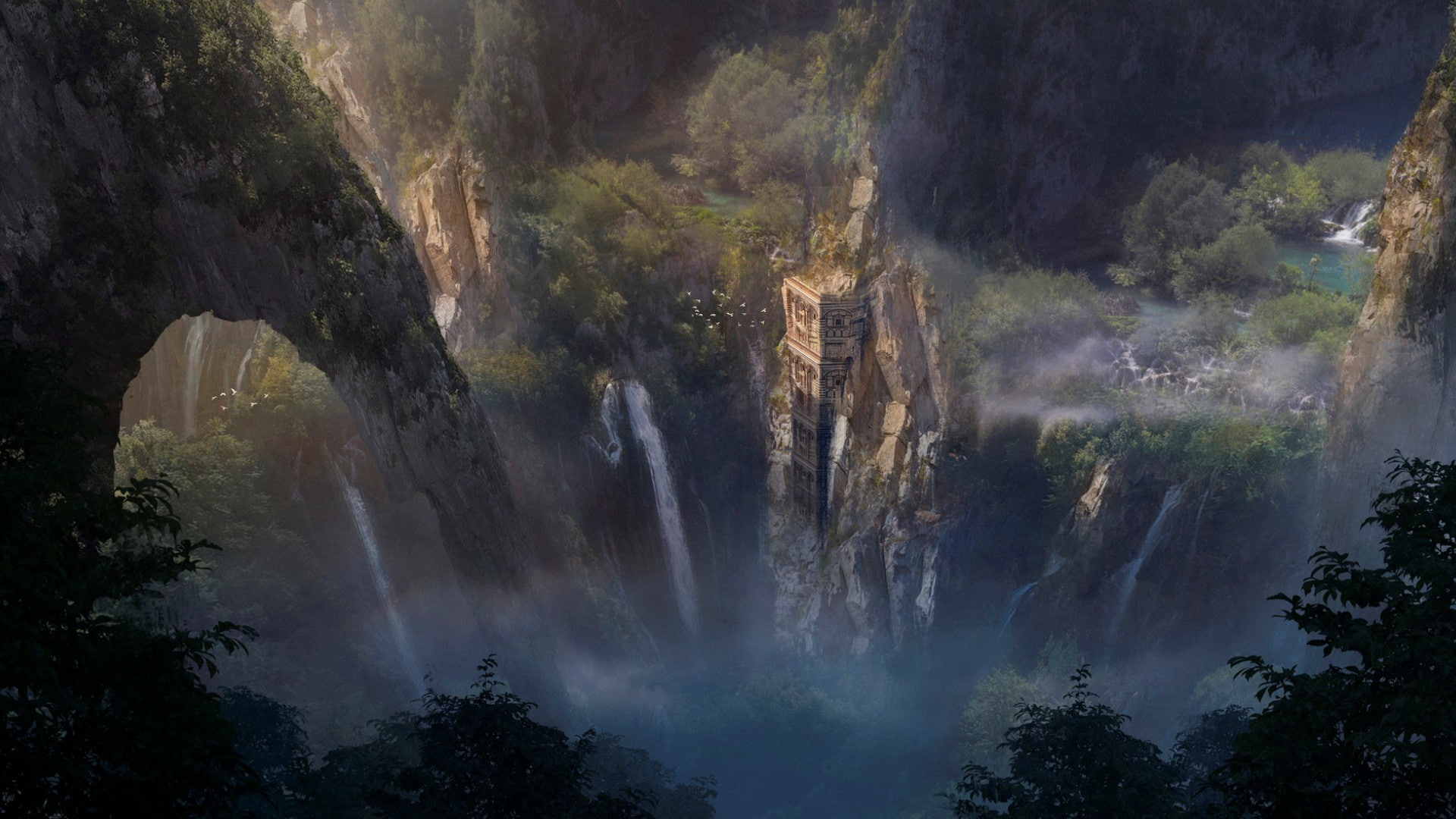 mountains, solitary tower, waterfall, Julian Calle, structure, 1080P, rocks, trees, HD Wallpaper