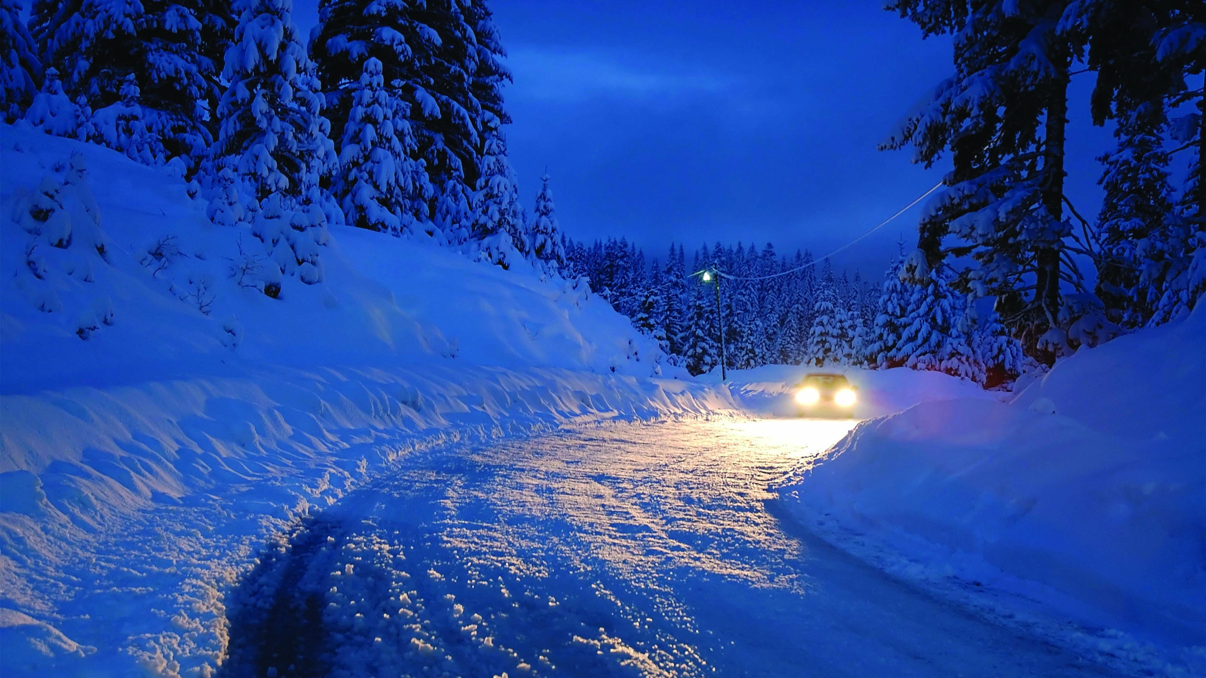 mountain, tranquil scene, snowcapped mountain, 4K, frozen, freezing, tree, car, alone, cold temperature, no people, lonely, snow, beauty in nature, coniferous tree, HD Wallpaper