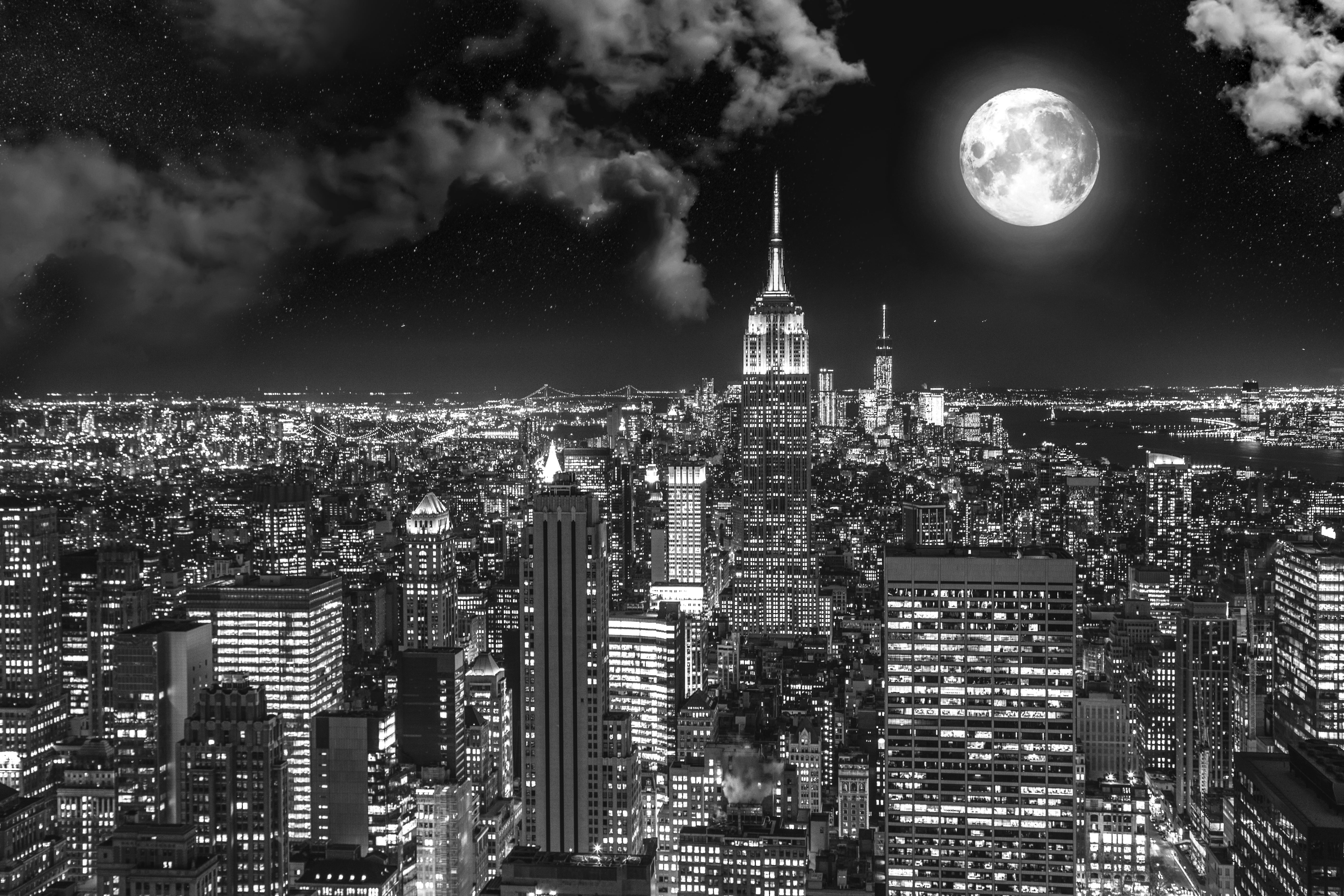 tower, spire, night city, planetary moon, full moon, building exterior, city, space, usa, cloud - sky, nature, building, moonlight, night, cityscape, astronomy, HD Wallpaper