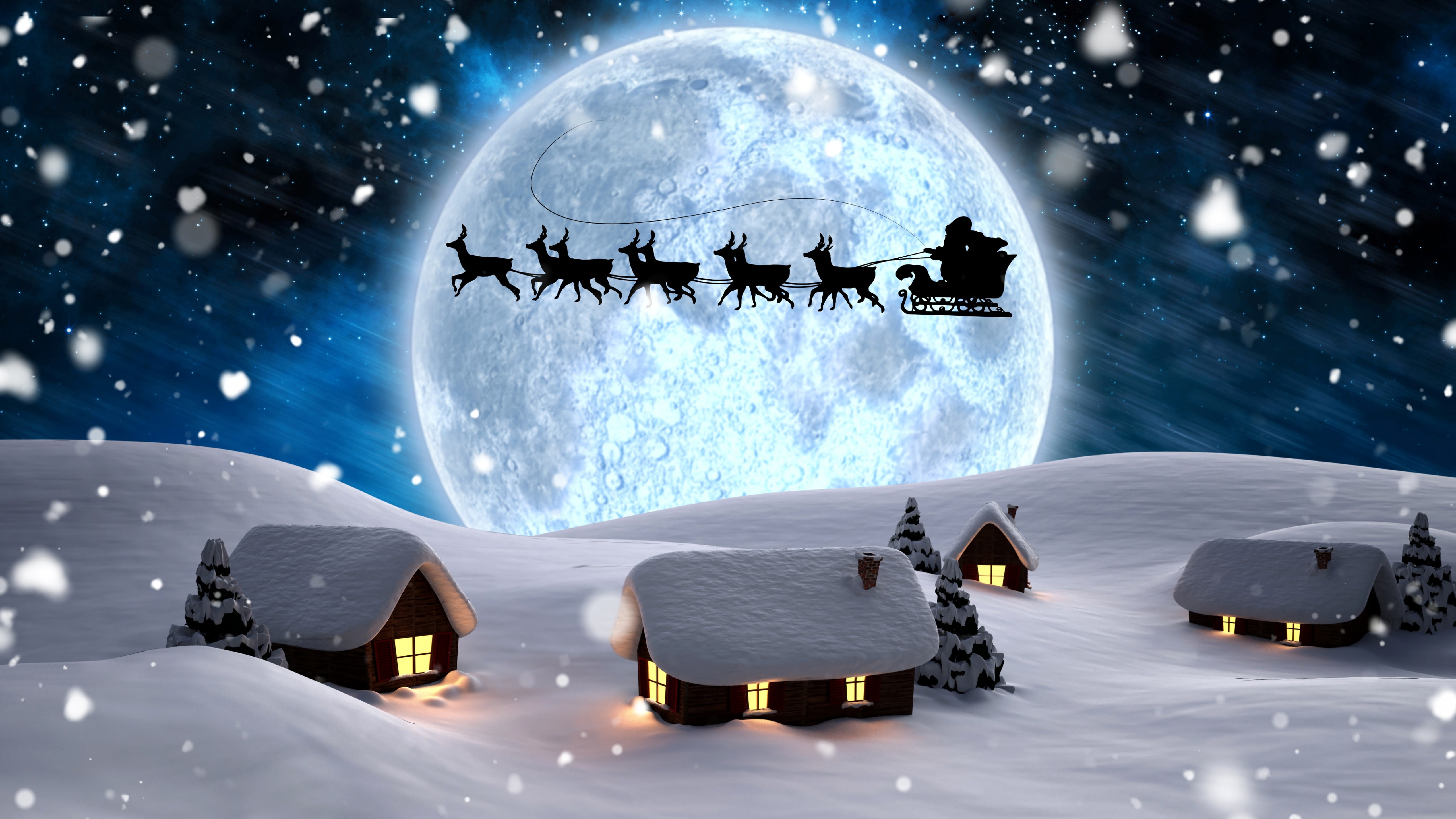 night, reindeers, covered, winter, moon, 5k, snow, Santa, houses, 5K, claus, carriage, New Year, deer, Christmas, HD Wallpaper