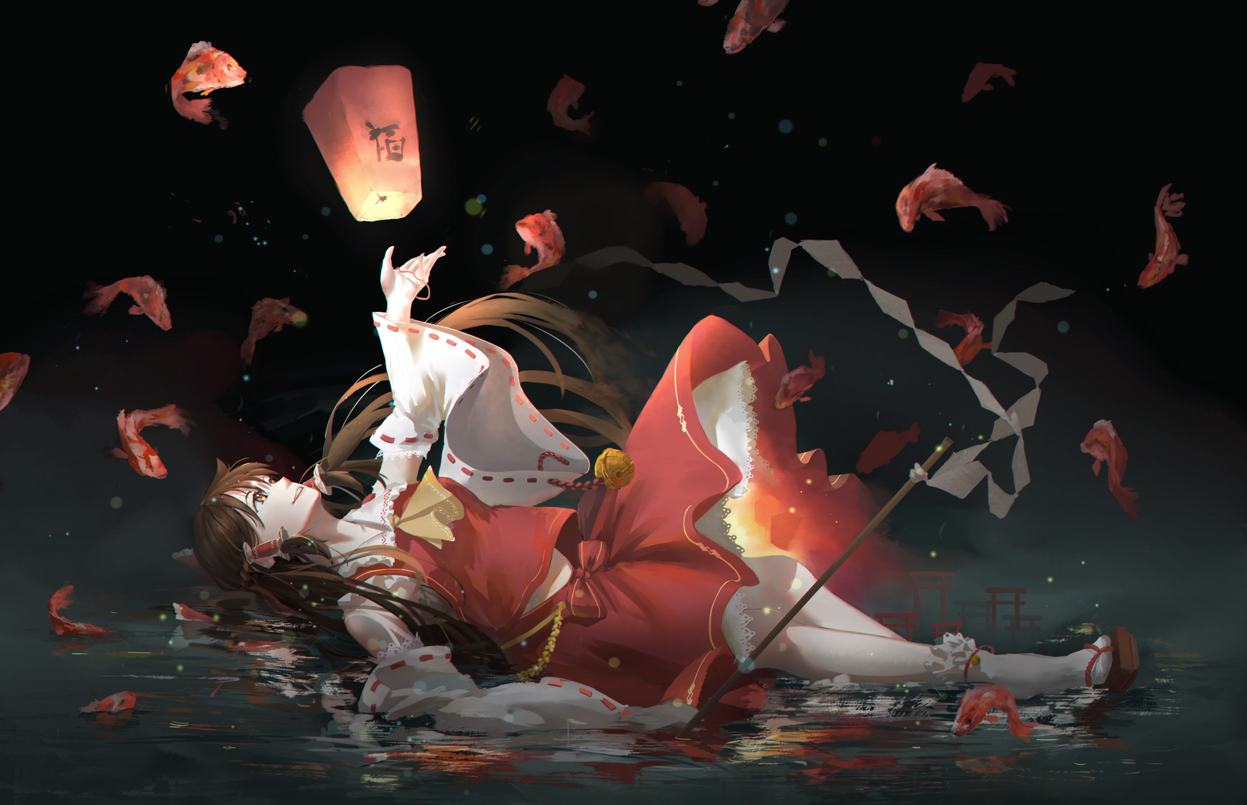 falling down, smiling, brown hair, motion, 4K, flower, waterfront, animal themes, touhou, celebration, animal, indoors, Anime, night, hakurei reimu, group of animals, HD Wallpaper