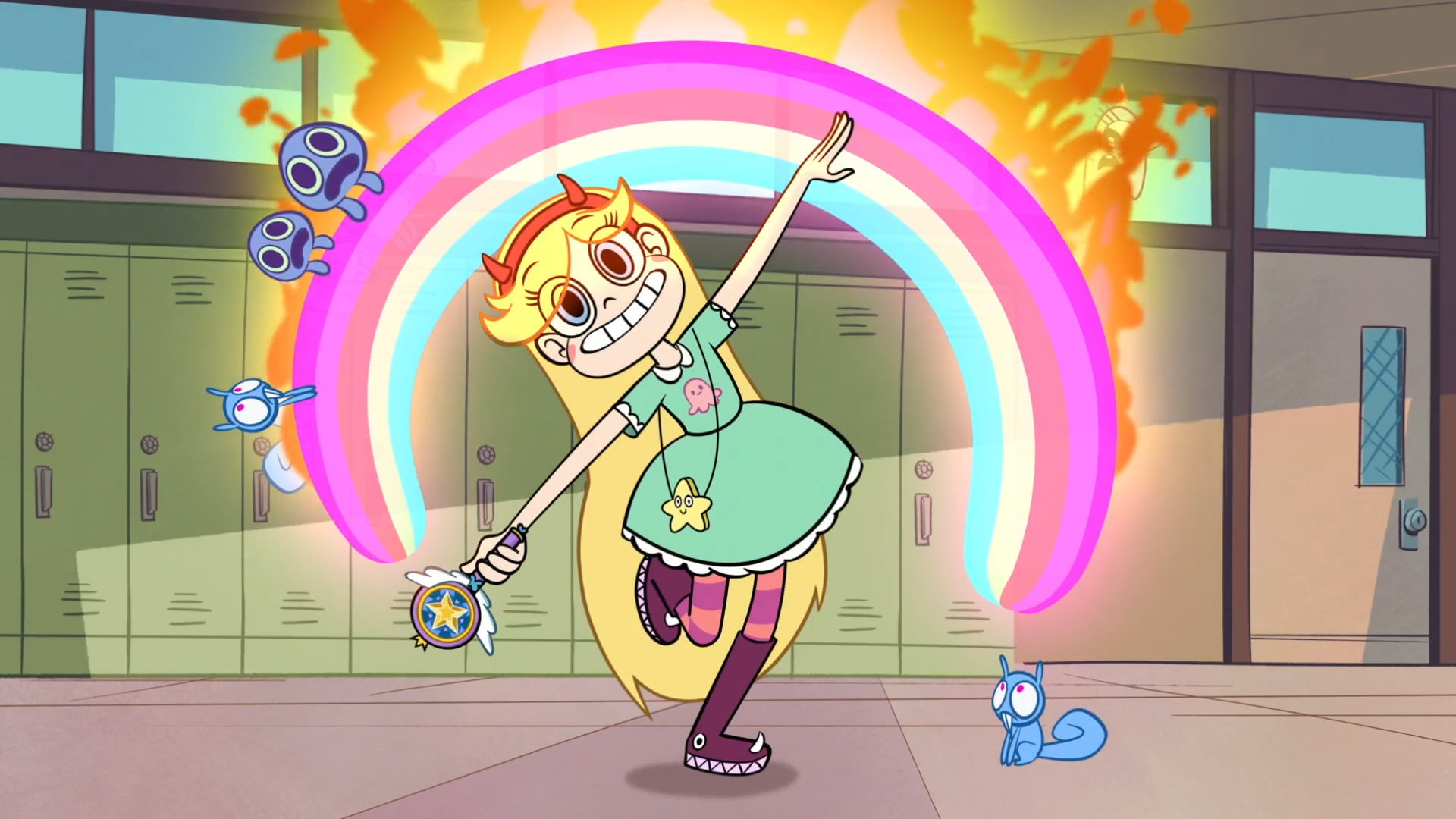 chipmunk, Star Butterfly, fire, Star vs the forces of evil, blue eyes, series, rainbows, 1080P, animation, skirt, HD Wallpaper