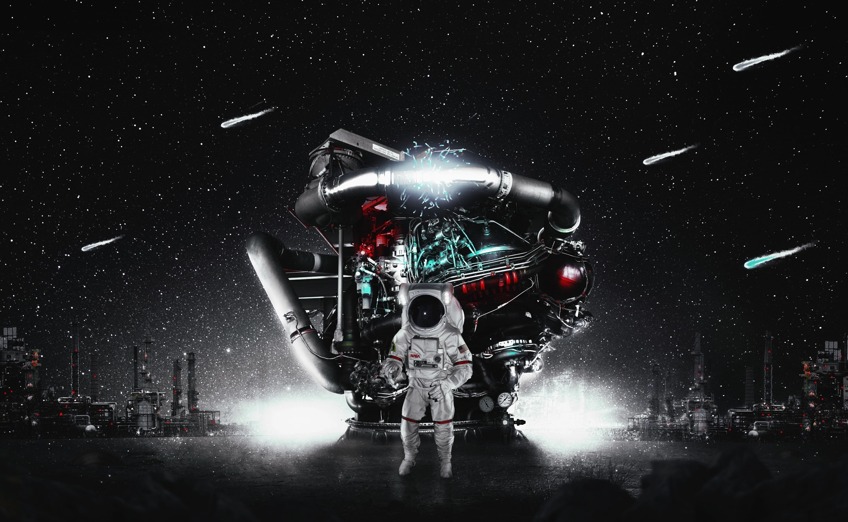 galaxy, meteorshower, sky, digital composite, astronomy, one person, photomanipulation, technology, 2K, front view, science, standing, Design, Astronaut, HD Wallpaper