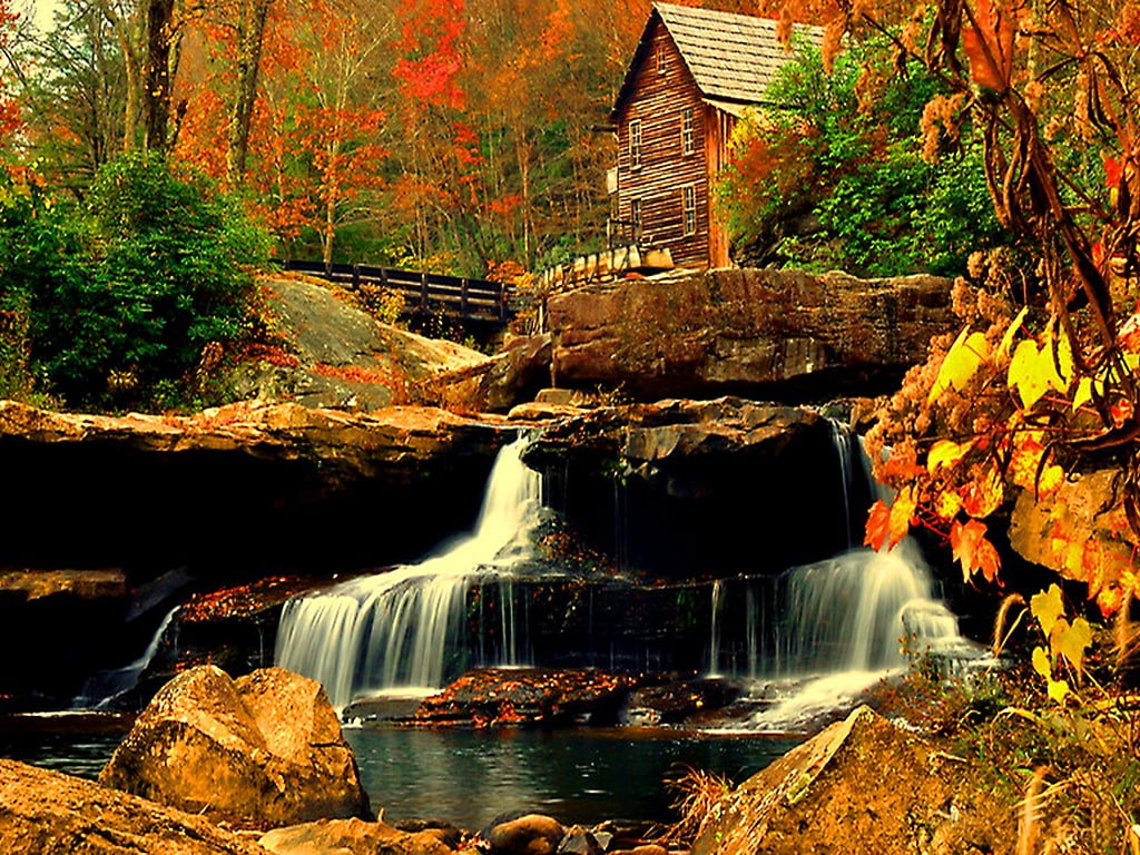 art, mill, small, forest, waterfall, 480P, near, house, colors, fall, nature, autumn, hd, forests, HD Wallpaper