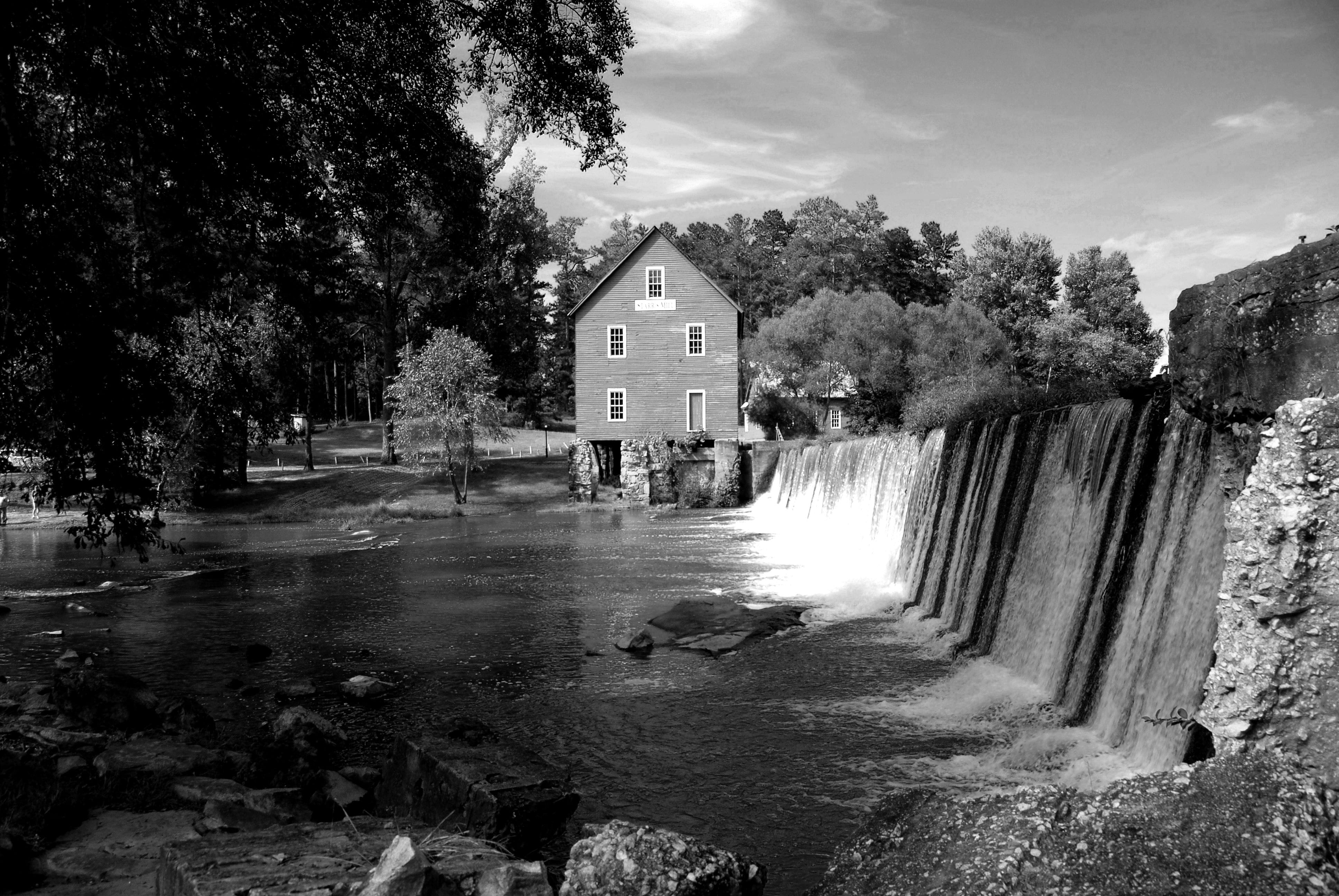 motion, tree, rural, landscape, religion, outdoors, georgia, flowing, dam, usa, plant, scenic, falls, belief, monochrome, historic, landmark, scenics - nature, HD Wallpaper