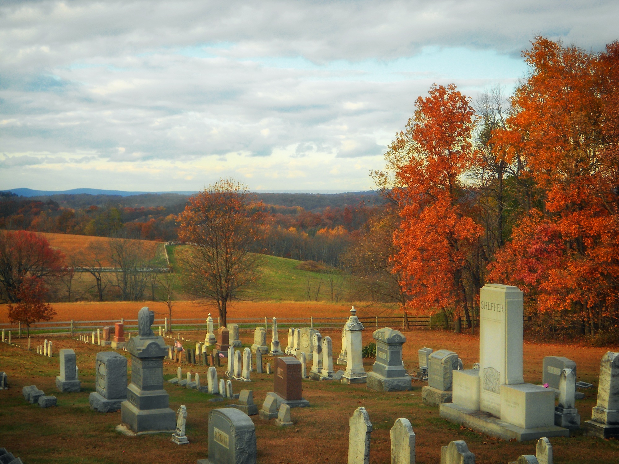 autumn, 1080P, fall foliage, cemetery, seasons, landscape, cloud - sky, fall, grave, no people, outdoors, memorial, tombstone, nature, mills, religion, HD Wallpaper