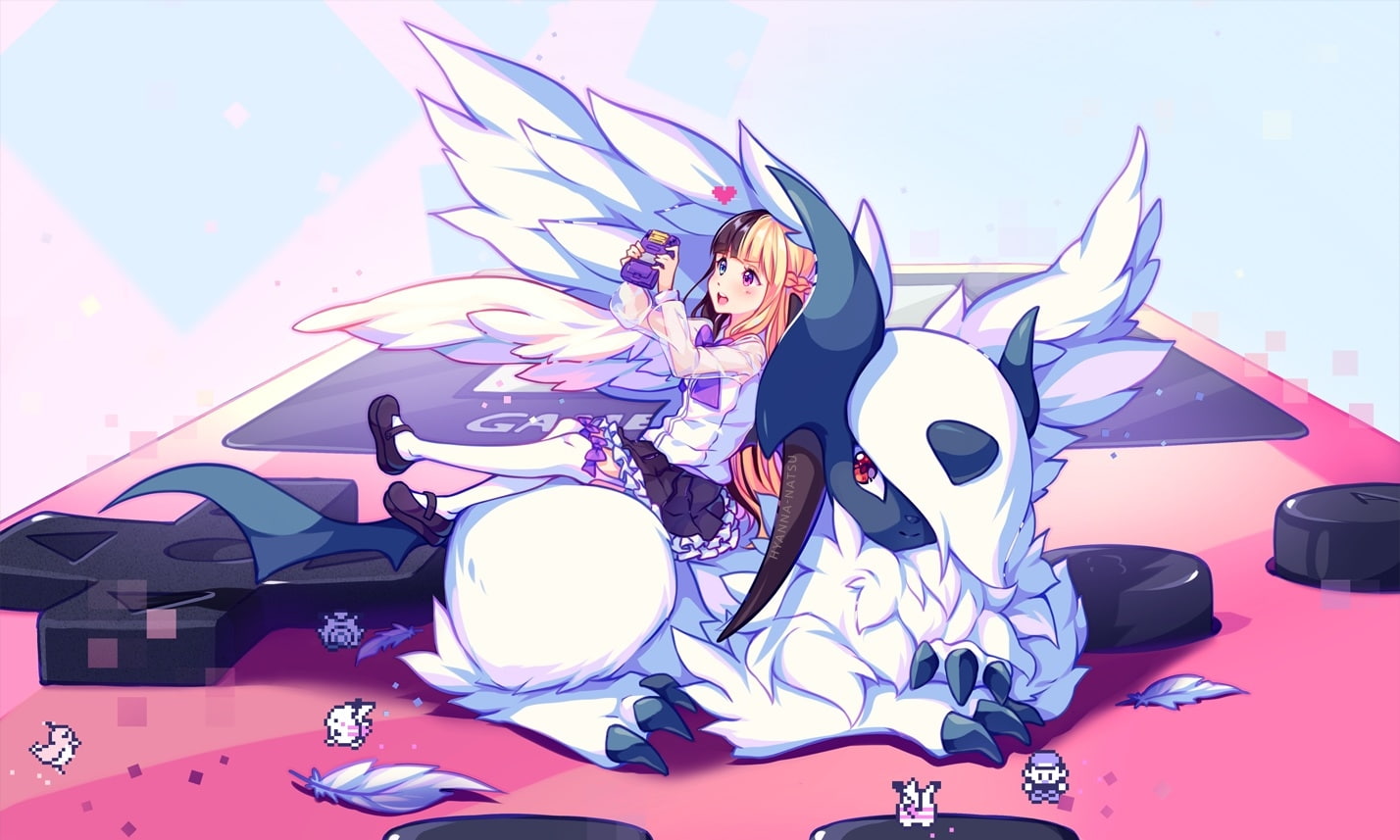 disguise, glasses, pixel, monster, fashion, Anime, mask, animal representation, animal, 720P, mammal, wings, no people, pink color, animal themes, anime girl, HD Wallpaper