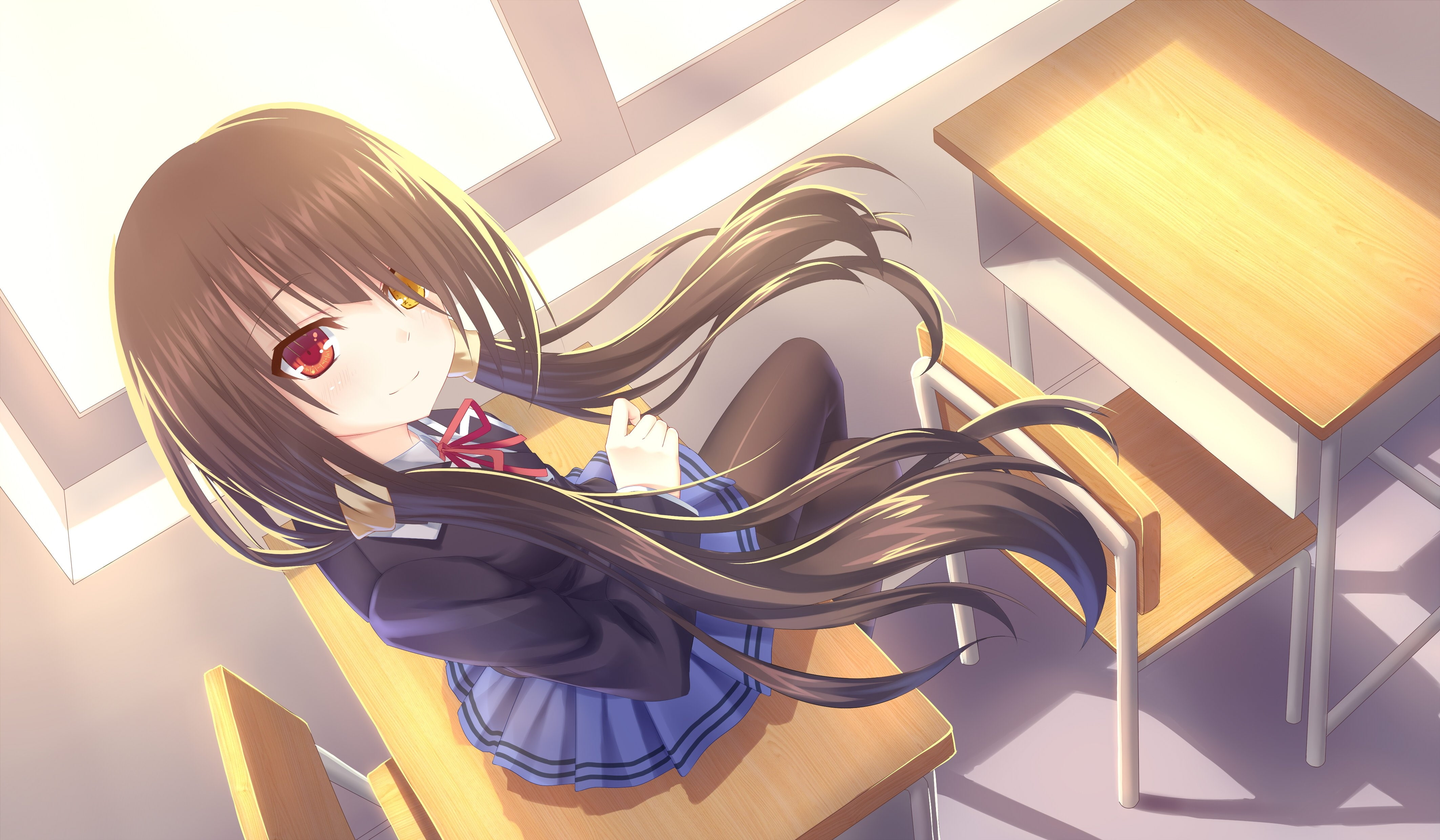 4K, tokisaki kurumi, school uniform, classroom, Anime, date a live, heterochromia, bicolored eyes, HD Wallpaper