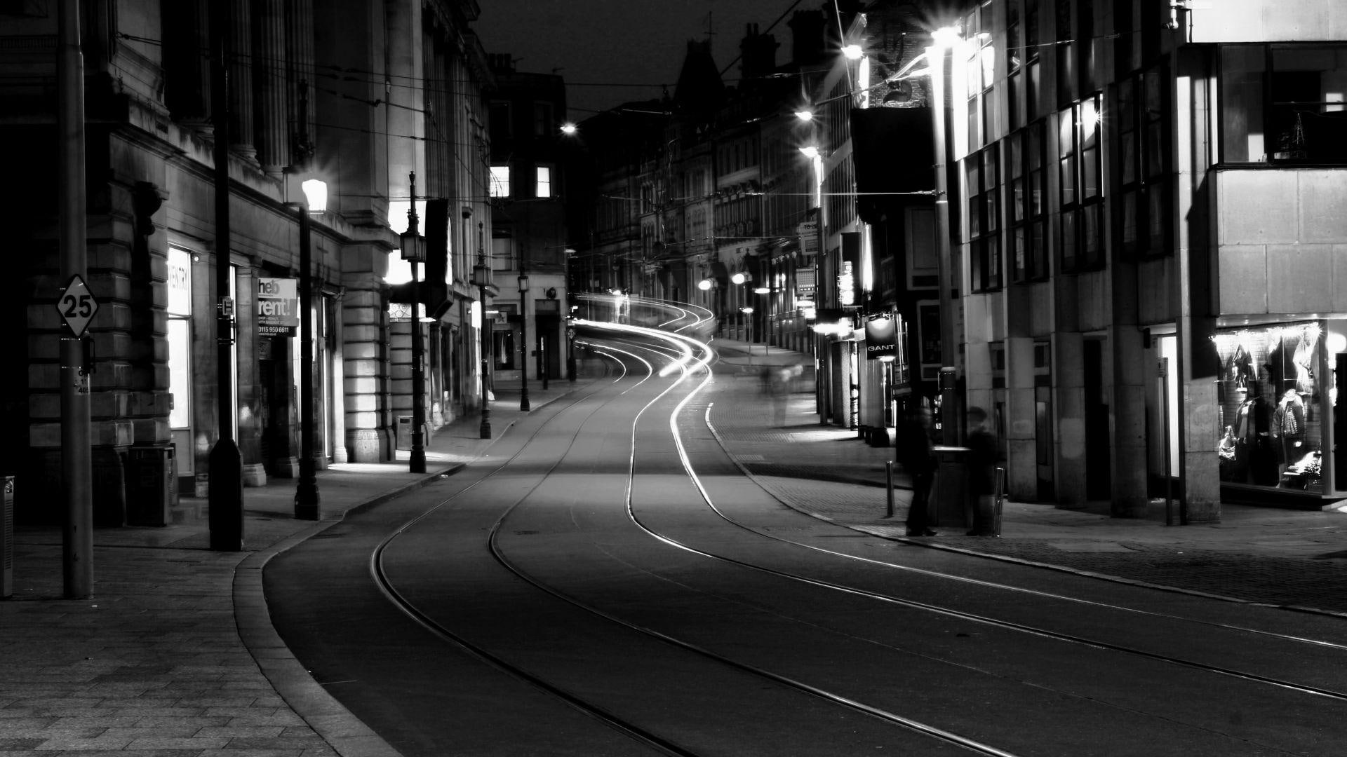 1080P, dark, widescreen, night, roads, road, tracks, train, city, HD Wallpaper