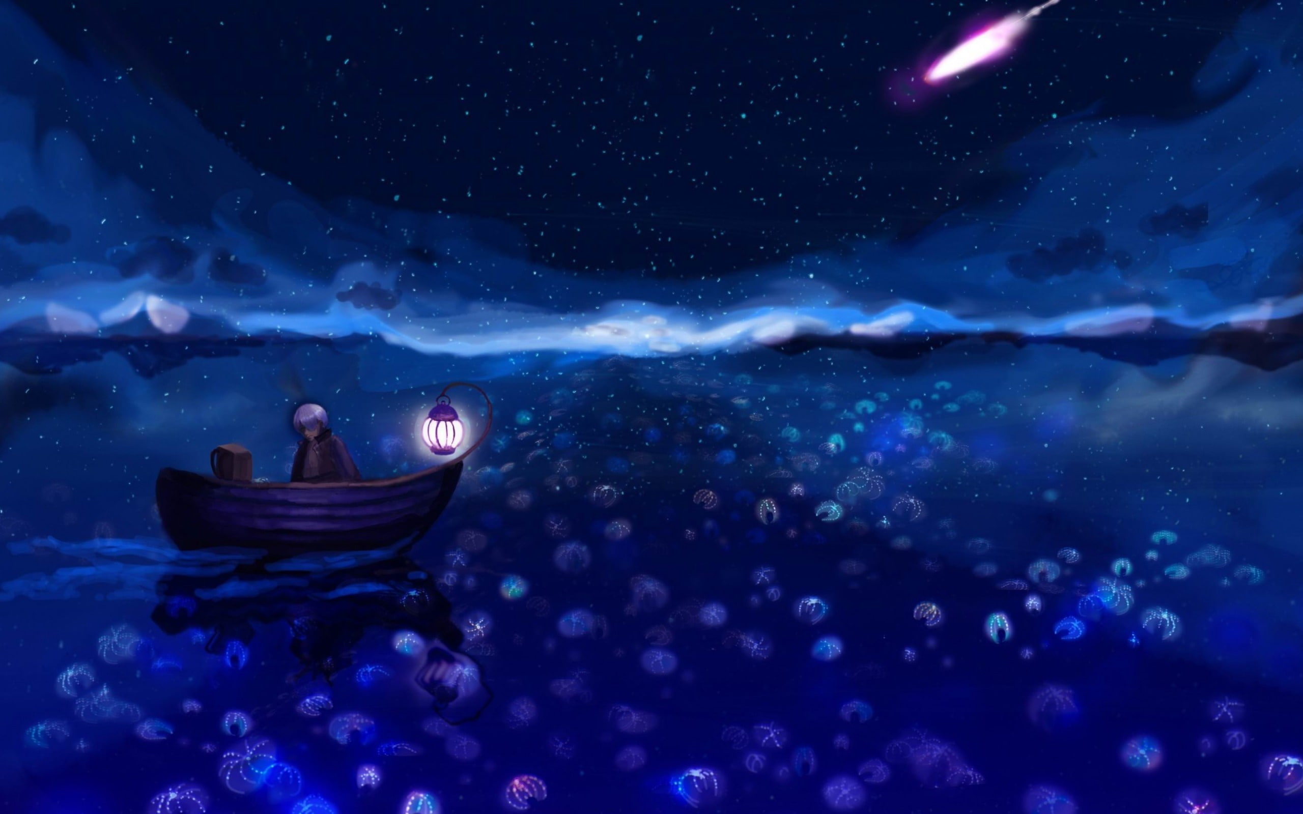 falling, sky, star, water, boat, beauty in nature, design, floating on water, painting, lifestyles, transportation, blue, 2K, person, real people, riding, HD Wallpaper