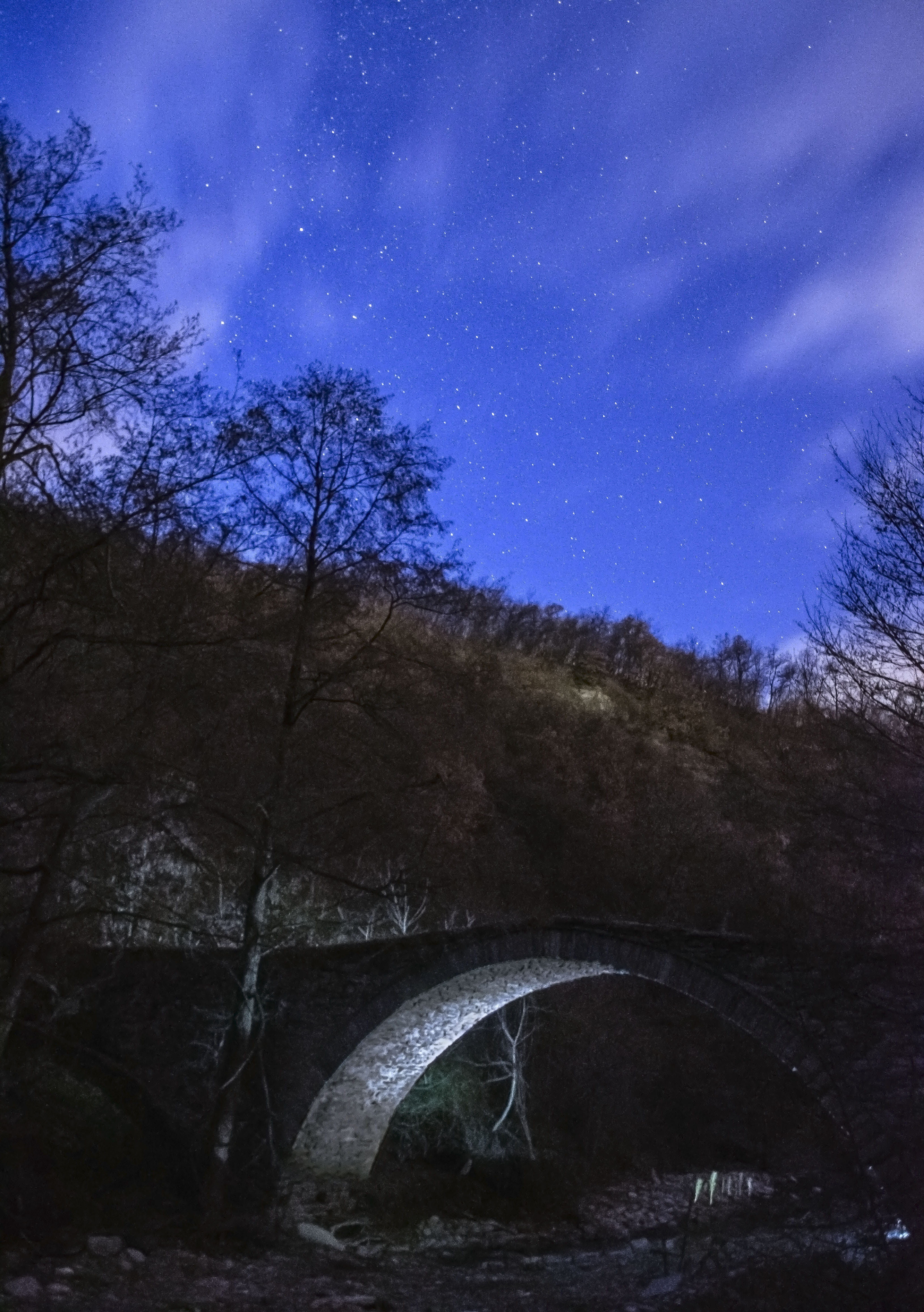 arch bridge, sunset, flowing water, bridge, astronomy, evening, water, outdoors, star - space, no people, near, park, arch, gray, starry sky, dark, plant, Phone HD Wallpaper