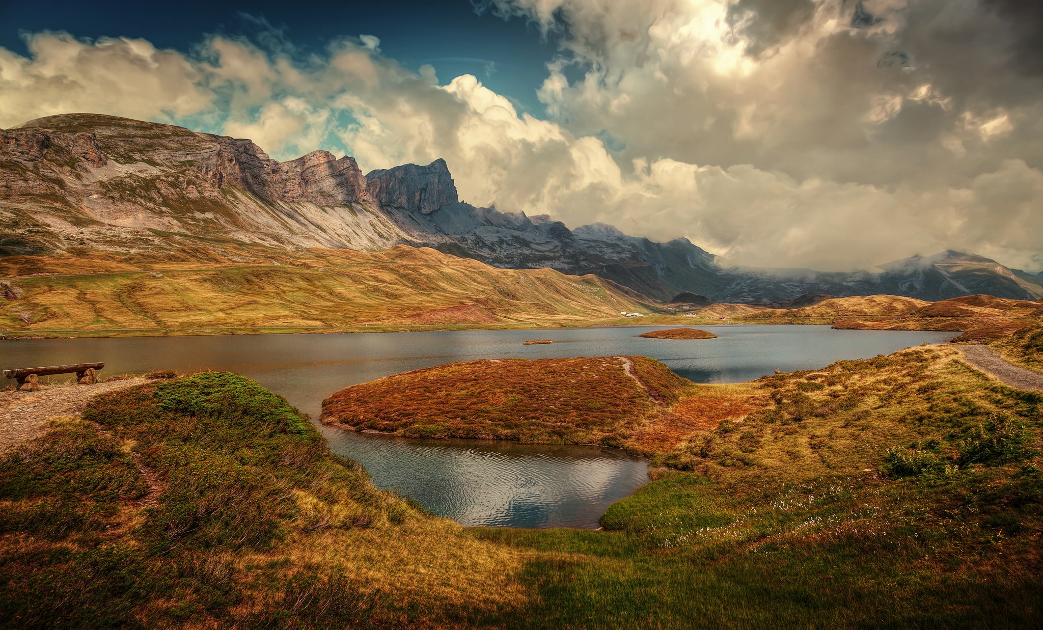 1080P, lake, clouds, Switzerland, mountains, The Tannensee lake, Alps, Obwalden, Lake Tannen, HD Wallpaper