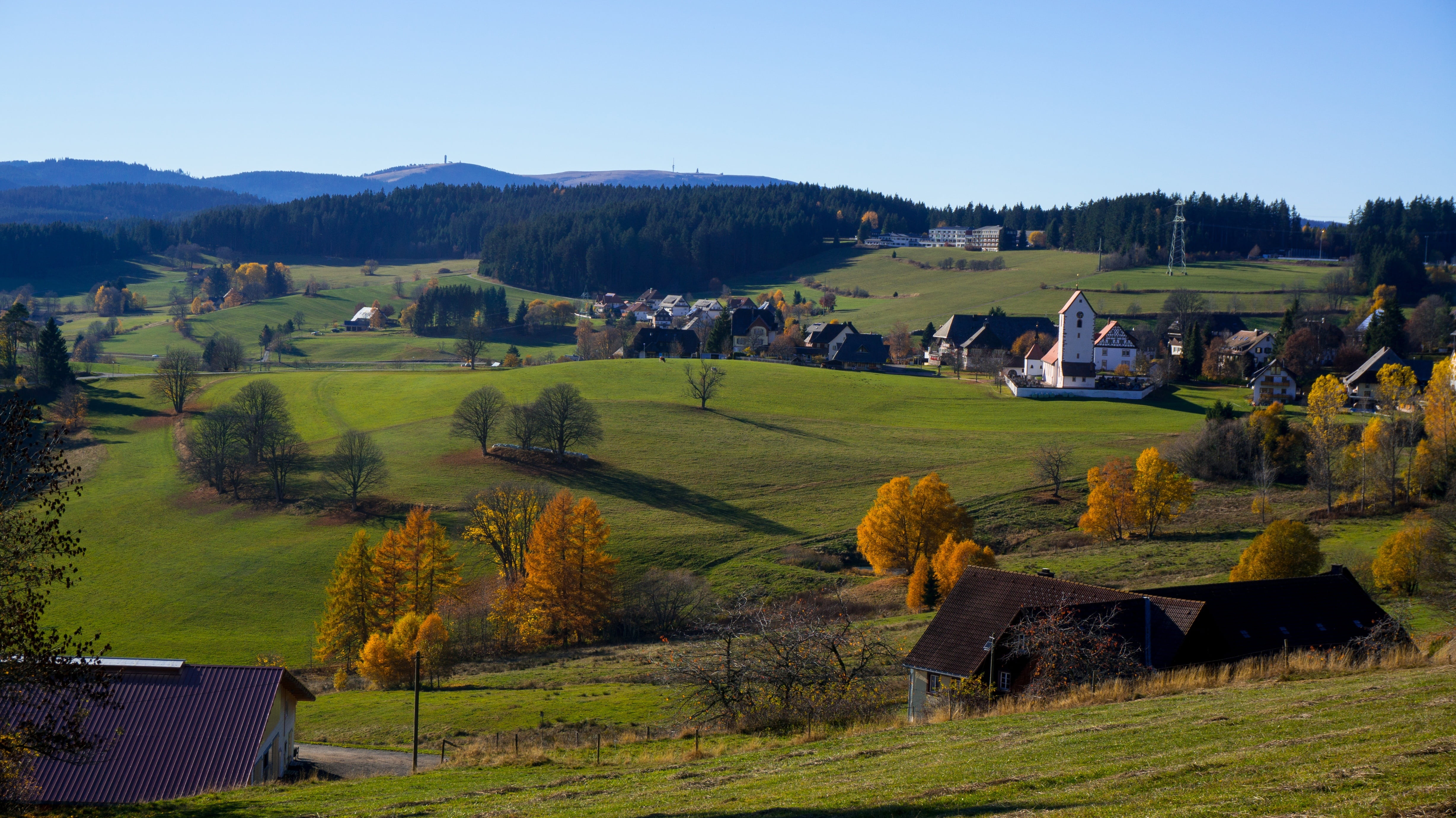 building, horizon, meadow, environment, nature, land, plant, box hill tower, autumn, village, field, cottage, black forest, sky, fall foliage, house, no people, HD Wallpaper