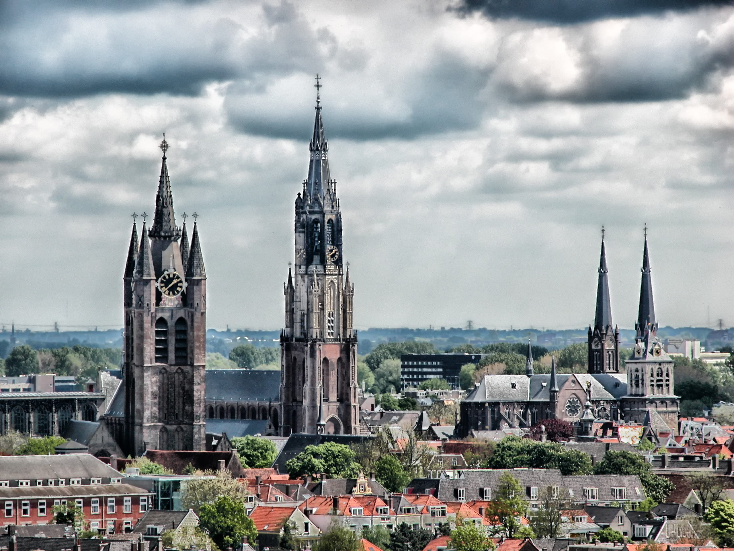 trees, brown, buildings, sky, travel destinations, clouds, outdoors, netherlands, spire, cloud - sky, building, outside, religion, city, hdr, churches, HD Wallpaper
