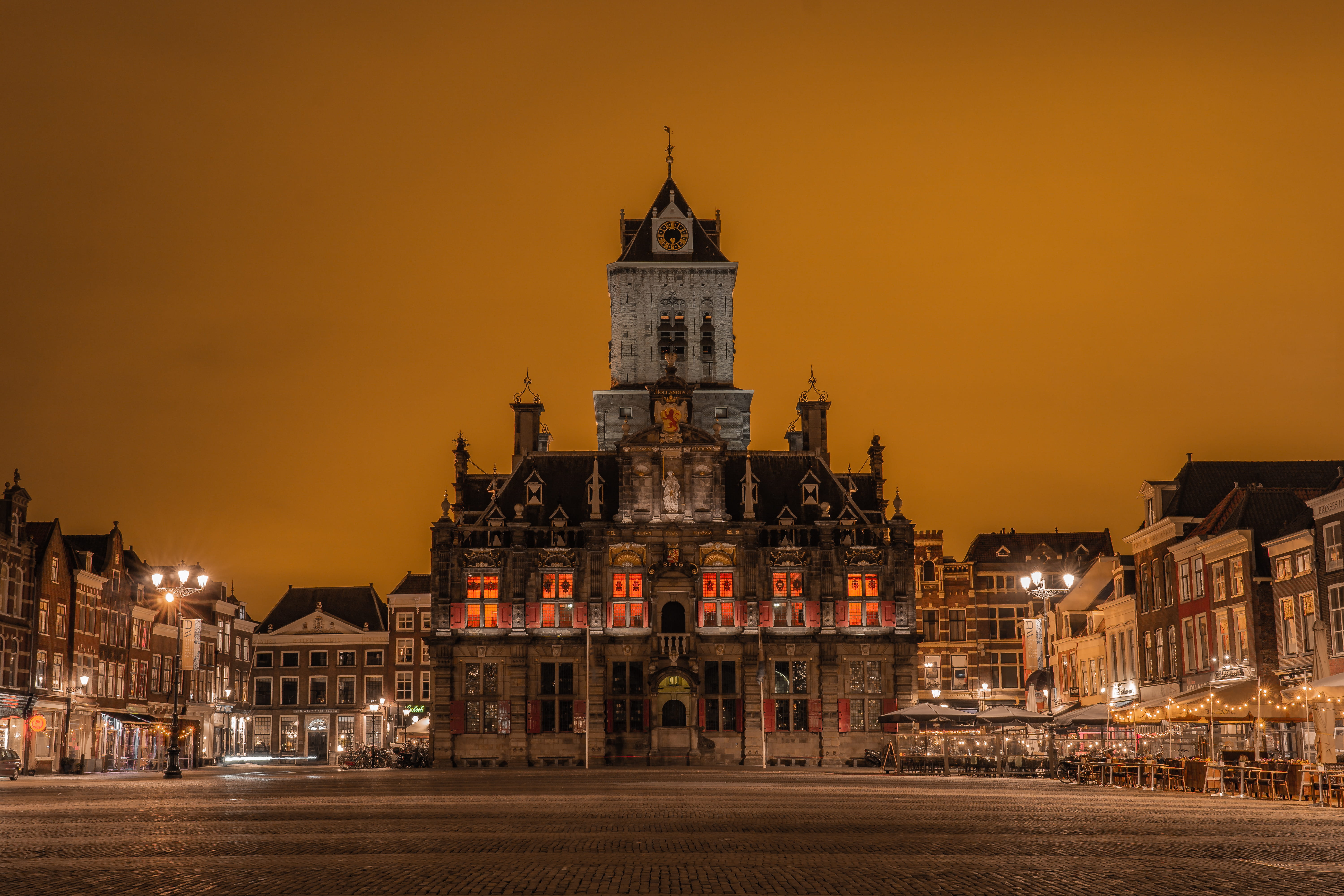 lighted, town hall, spire, town, the past, the netherlands, travel, sky, religion, 5K, illuminated, spirituality, outdoors, city hall, architecture, orange, HD Wallpaper