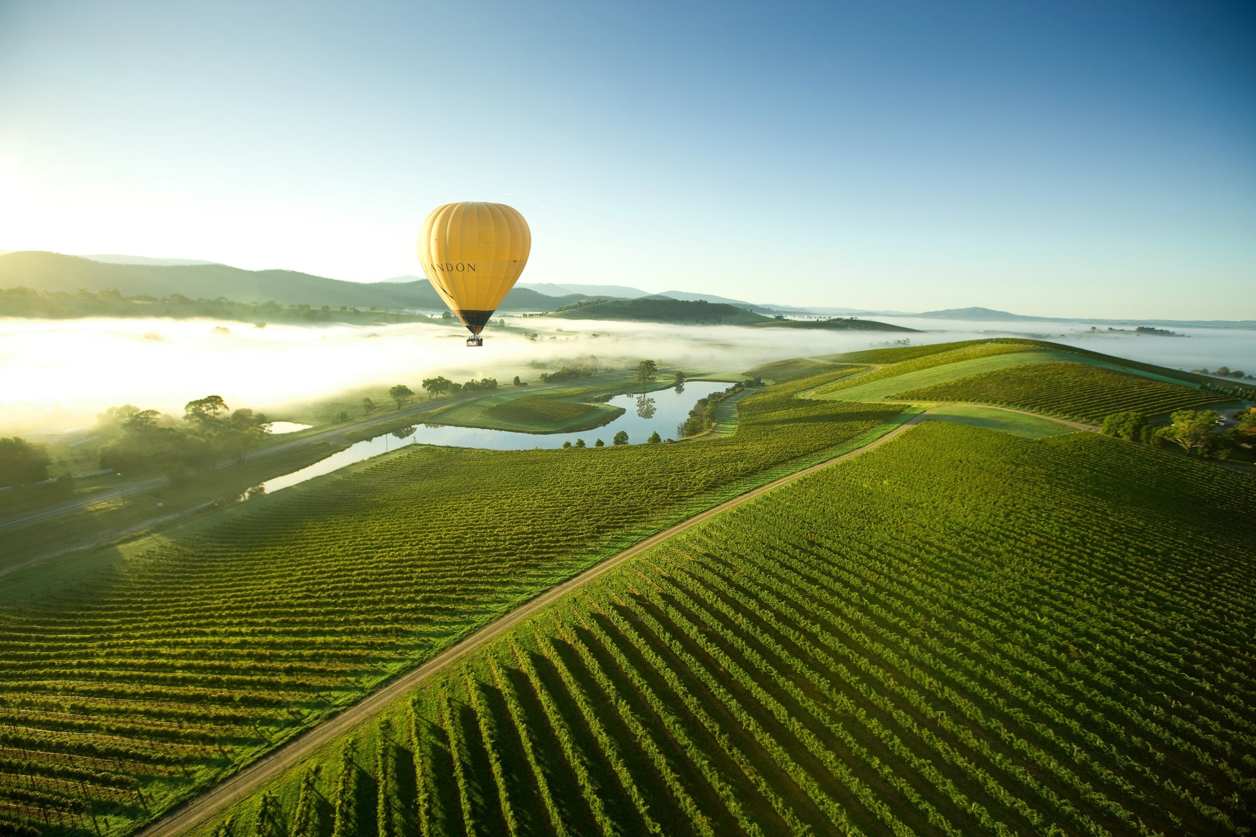 1080P, Hot Air Balloons, Hills, Dirt Road, Clear Sky, Vineyard, mist, Trees, Australia, Yarra Valley, lake, landscape, nature, Aerial View, HD Wallpaper