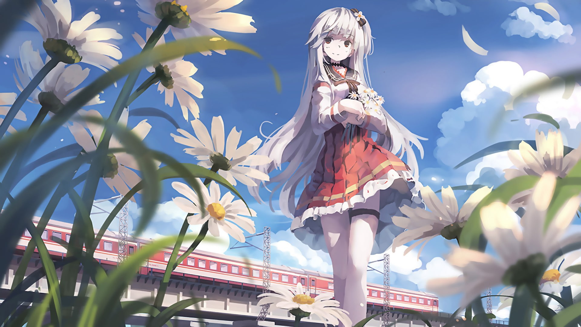 smiling, train, blossoms, clouds, white hair, anime girls, long hair, anime, landscape, 1080P, clear sky, HD Wallpaper