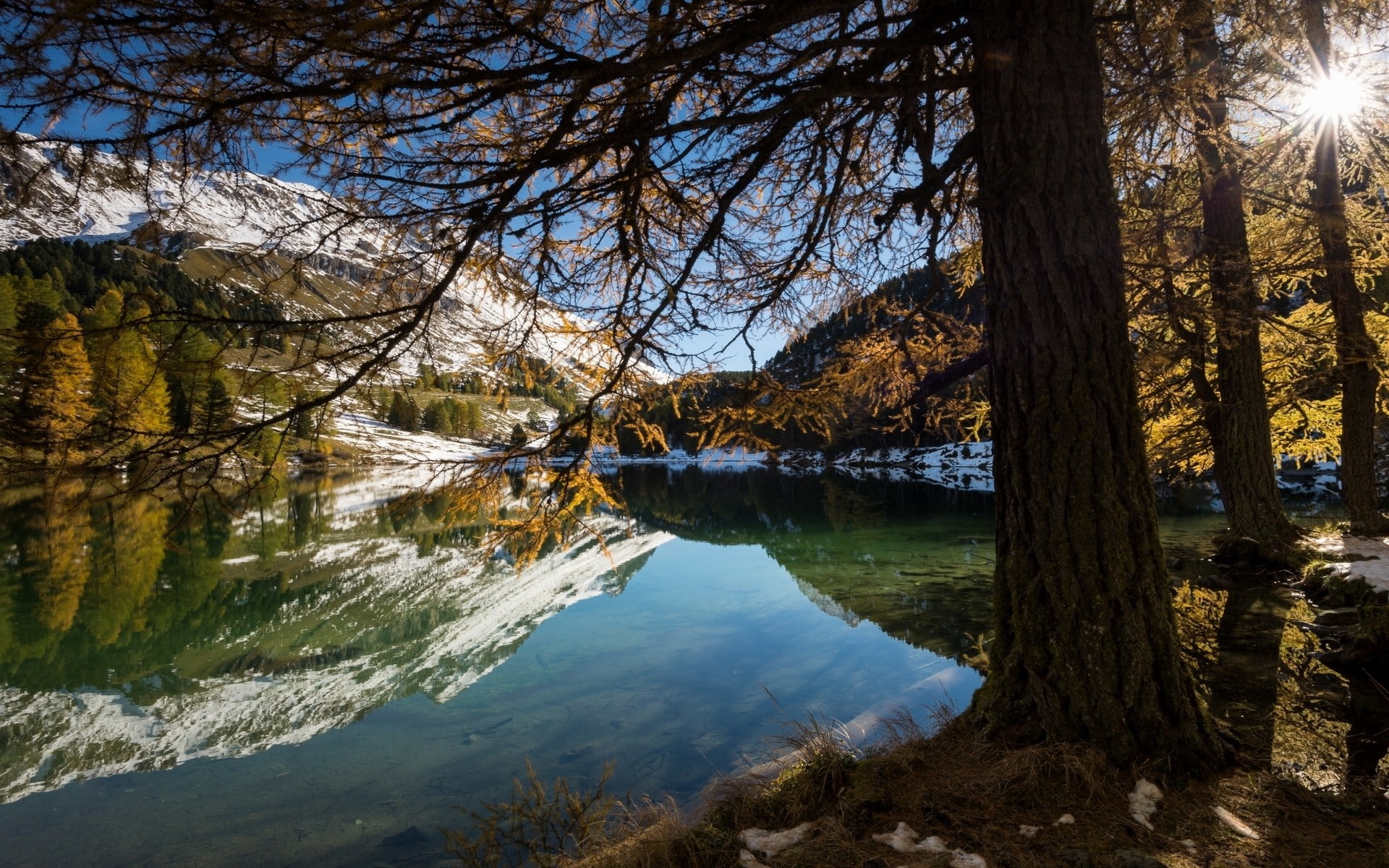 reflection, tree trunk, plant, tranquility, lake, landscape, mountains, trunk, outdoors, trees, sun rays, water, day, scenics - nature, tree, snowy peak, HD Wallpaper