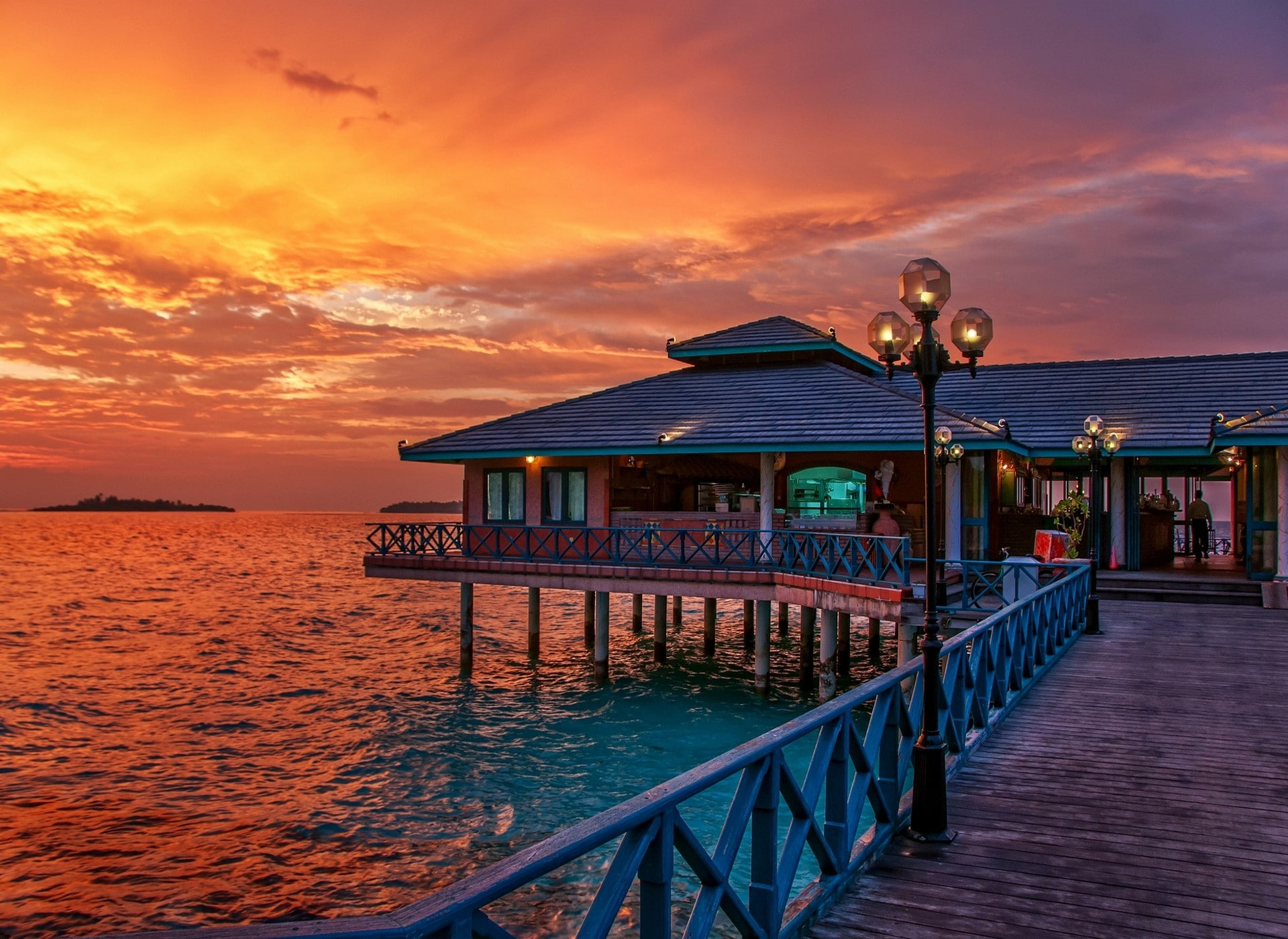 water, tropical, landscape, sunset, sea, summer, sky, maldives, nature, resort, 1080P, walkway, HD Wallpaper