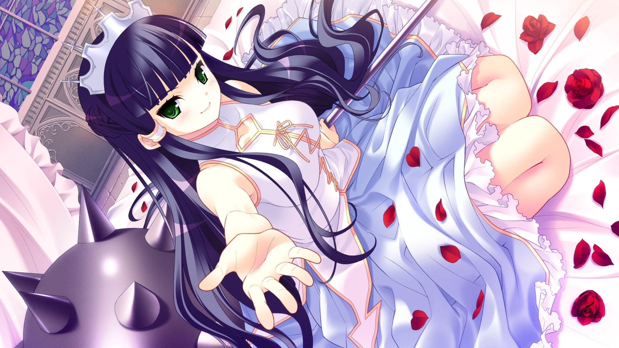 skyfish, Dress, long, art, purple hair, hair, green eyes, bernard, 1080P, game cg, purple, yamamine, hd, hijiri, long hair, green, eyes, cg, game, abstract, HD Wallpaper