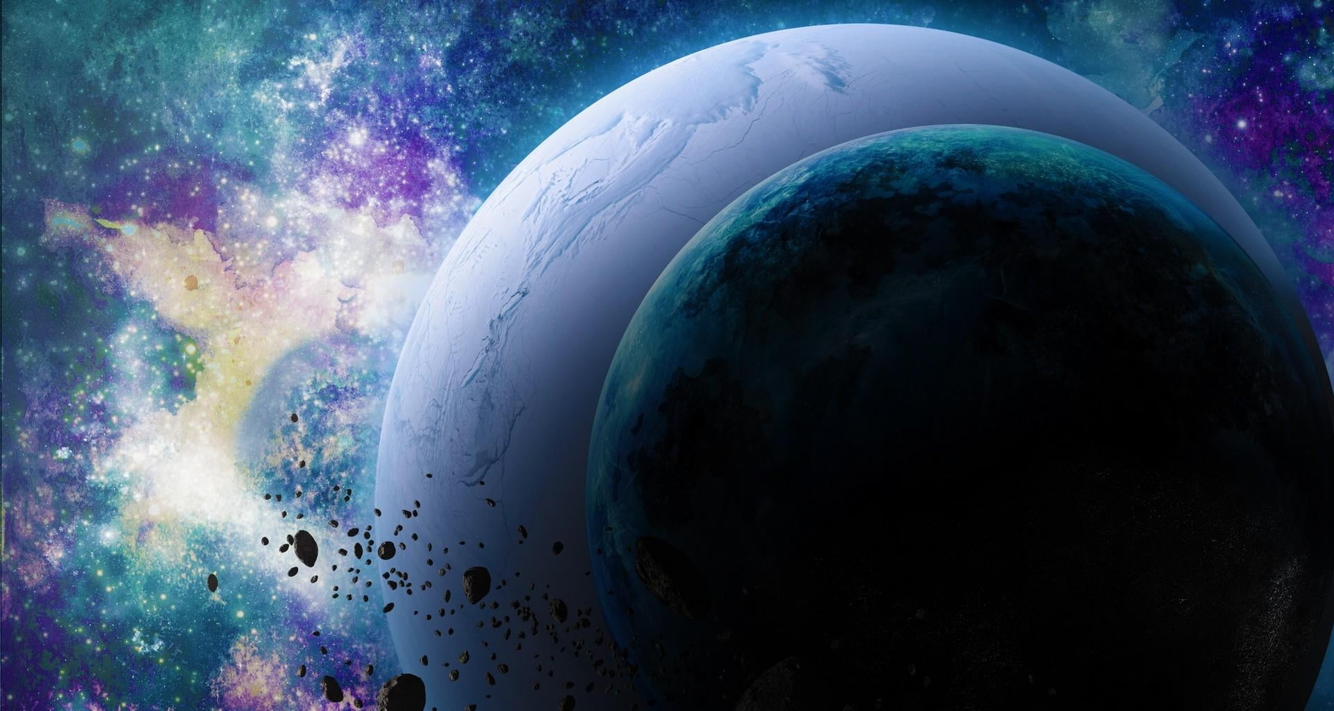 digital composite, universe, planet, geology, 1080P, planet - Space, asteroids, globe - Man Made Object, backgrounds, astronomy, abstract, blue, HD Wallpaper