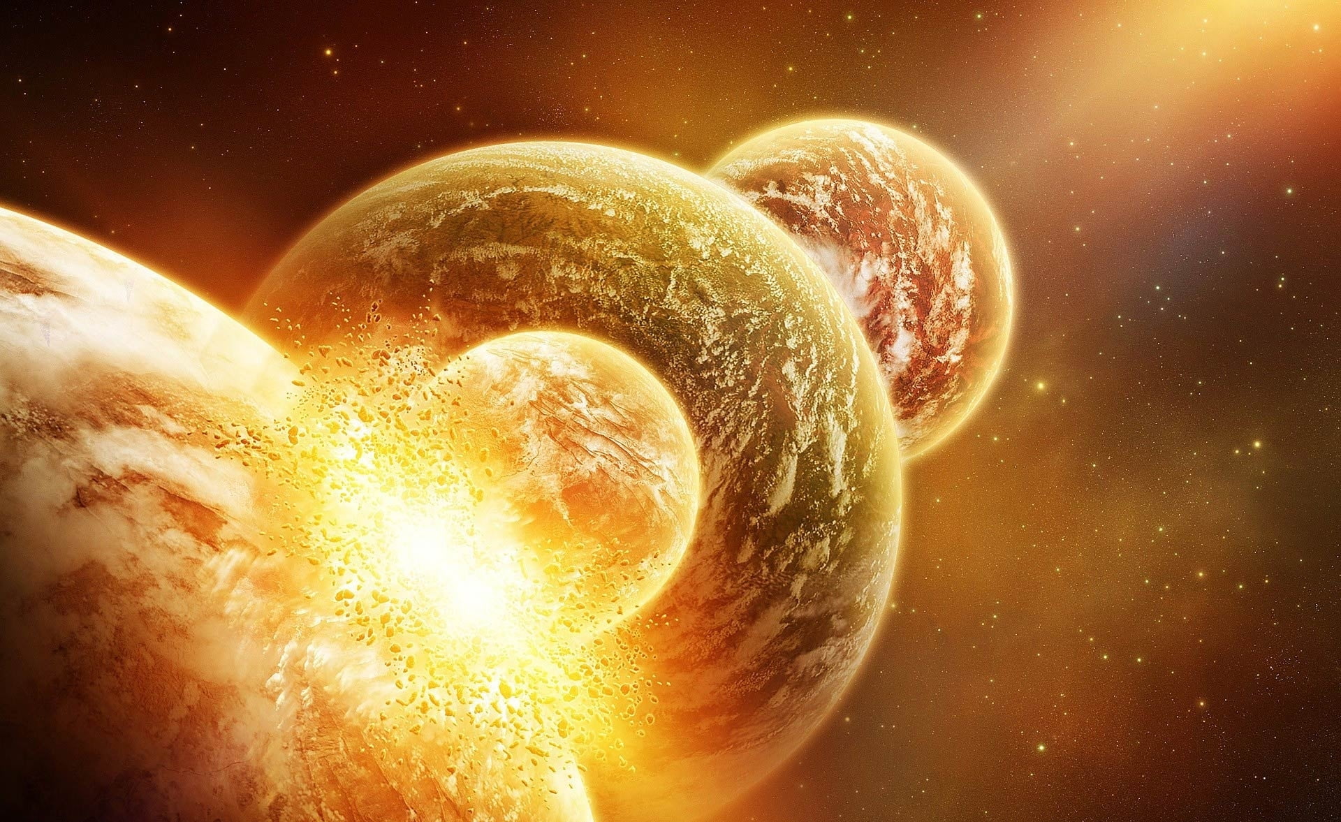backgrounds, collide, the explosion, stones, sphere, orange color, illustration, sky, astronomy, stars, glowing, light - natural phenomenon, night, yellow, HD Wallpaper