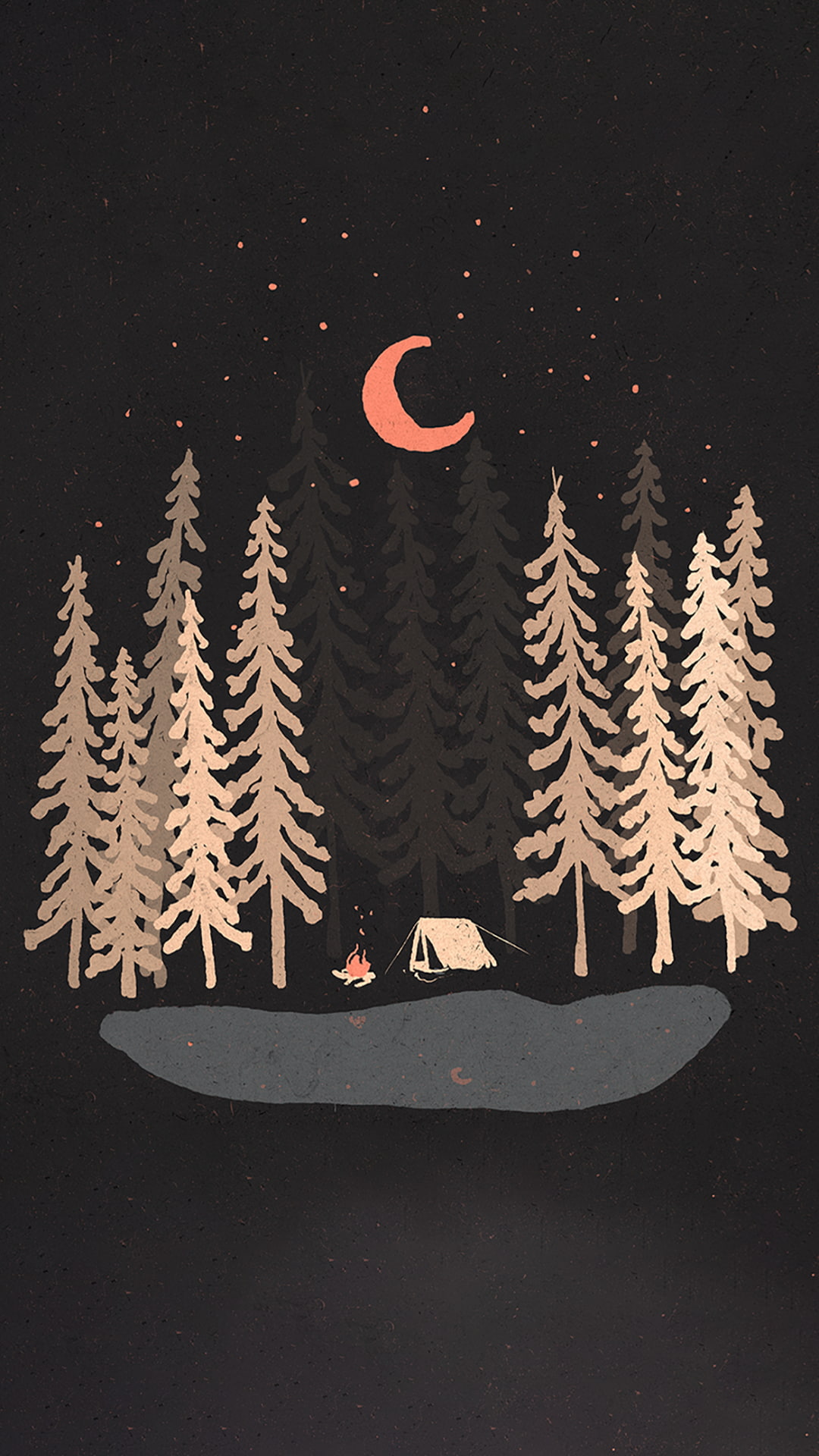 camping, water, 1080P, digital art, lake, tent, Moon, stars, portrait display, nature, night, forest, simple background, trees, fire, Phone HD Wallpaper