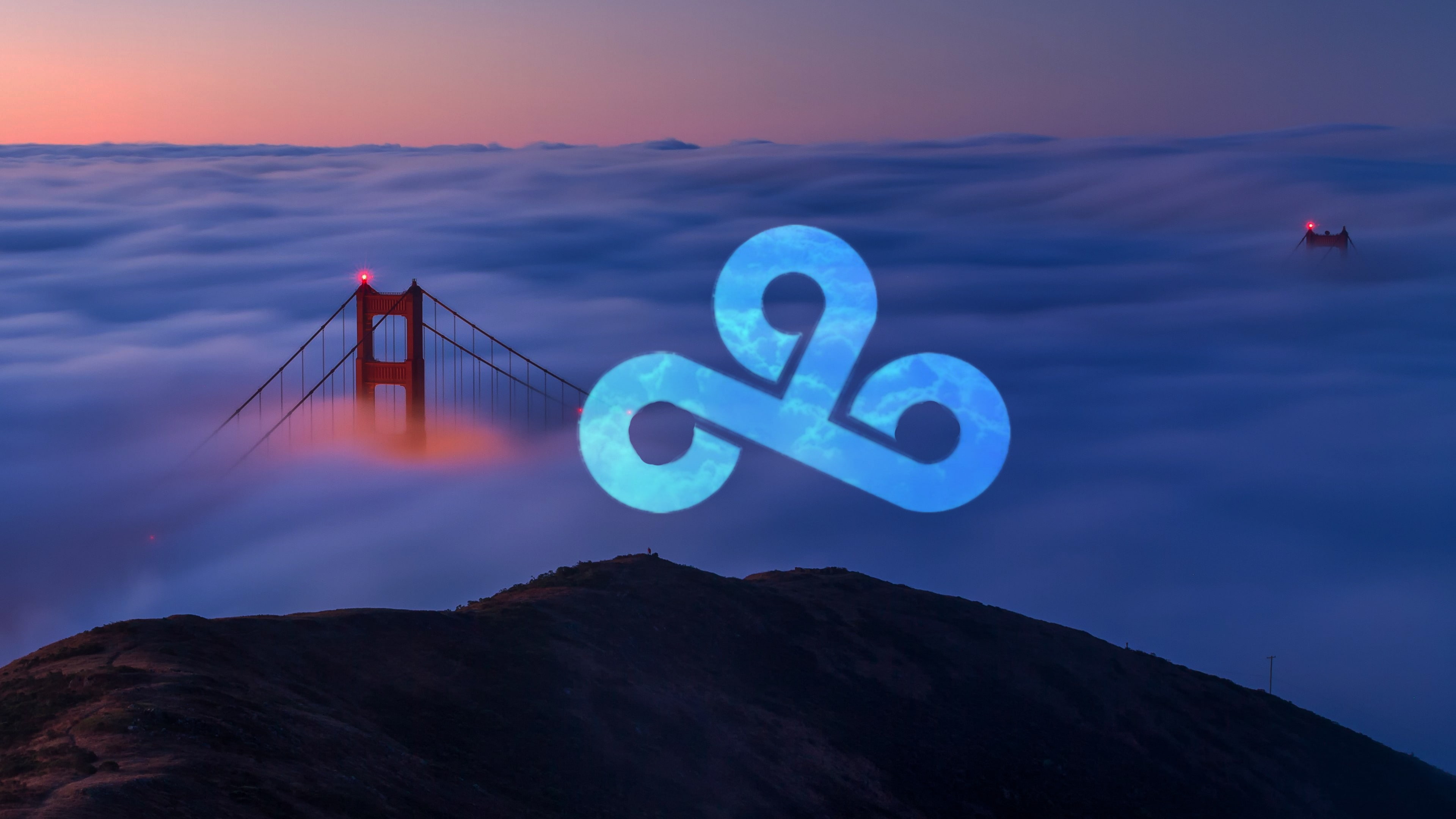 4K, pink, mountains, clouds, lights, nature, blue, bridge, Cloud9, landscape, HD Wallpaper