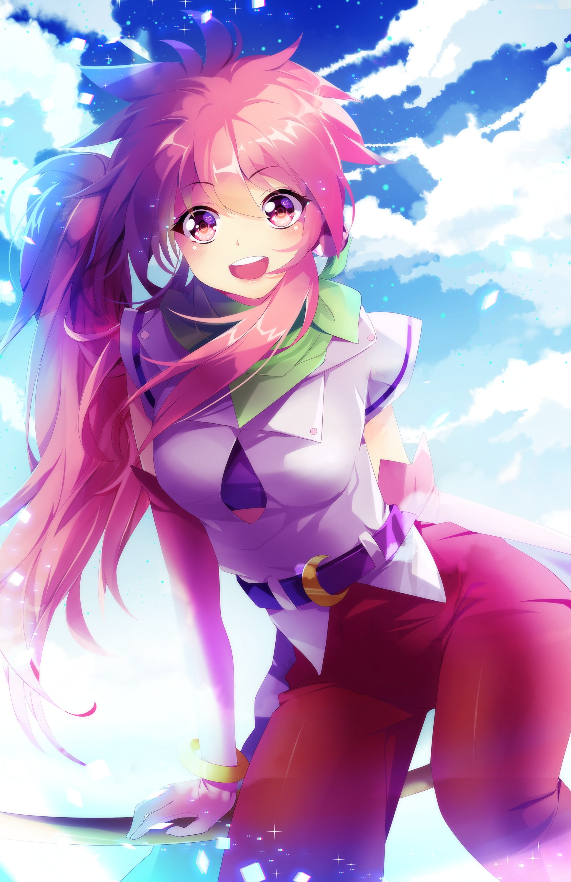 purple, 2K, clouds, three quarter length, anime girls, adult, human representation, females, anime, pink color, women, one person, pink eyes, beautiful woman, Phone HD Wallpaper