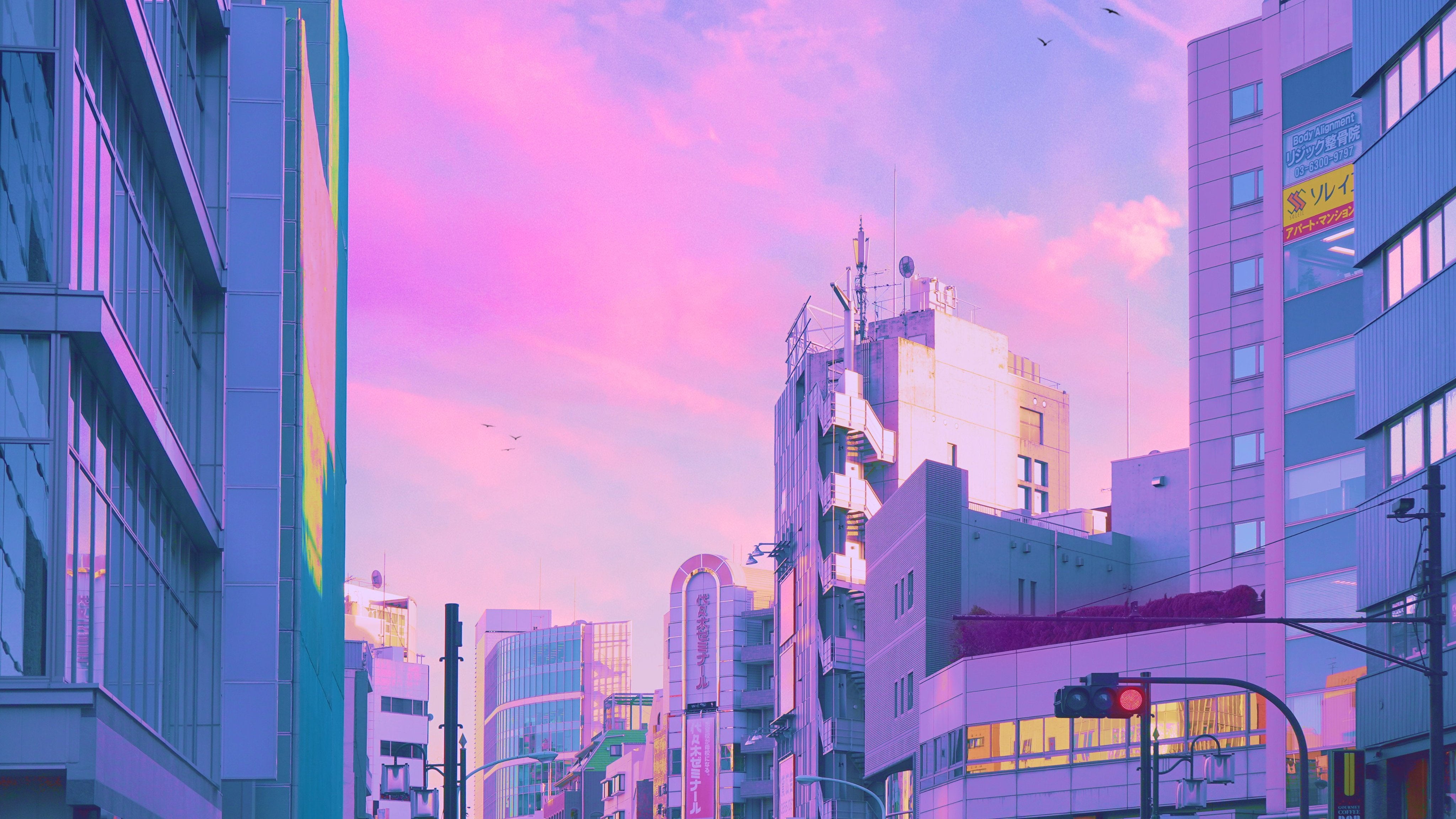 traffic lights, urban, 4K, Japan, building, skyline, cityscape, pink, clouds, Asia, HD Wallpaper