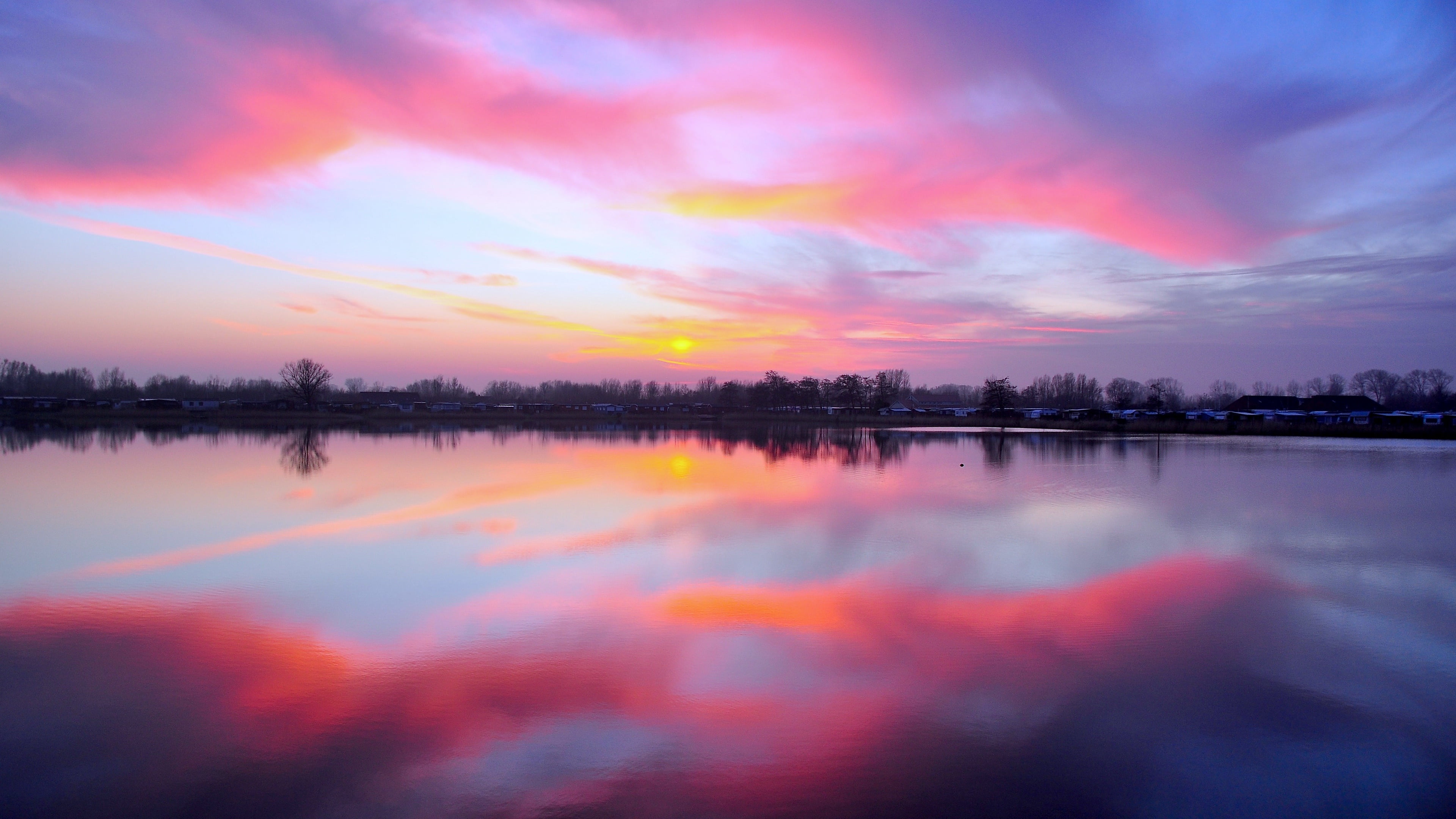 lake, no people, scenics - nature, nature, symmetry, idyllic, sky, water, dusk, sunset, orange color, beauty in nature, purple, waterfront, calm, romantic sky, HD Wallpaper