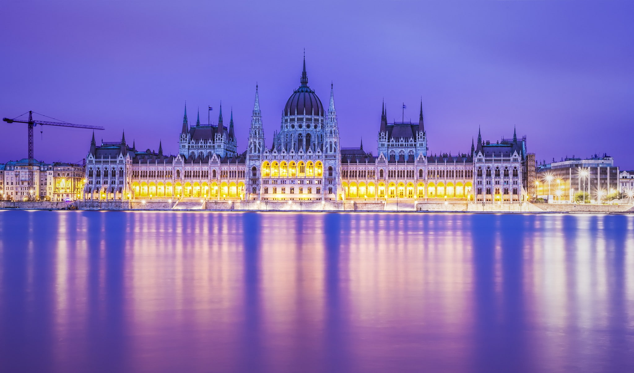 illumination, building, evening, Budapest parliament building, river, 1080P, architecture, Budapest, parliament, HD Wallpaper