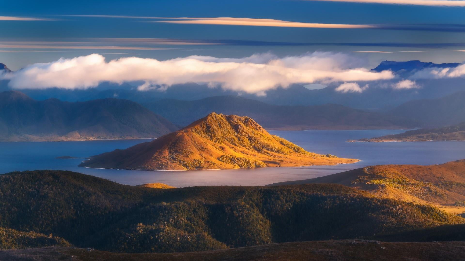 sky, scotts peak, tranquil scene, environment, crater lake, no people, australia, beauty in nature, remote, mountain peak, day, tranquility, rock, water, HD Wallpaper