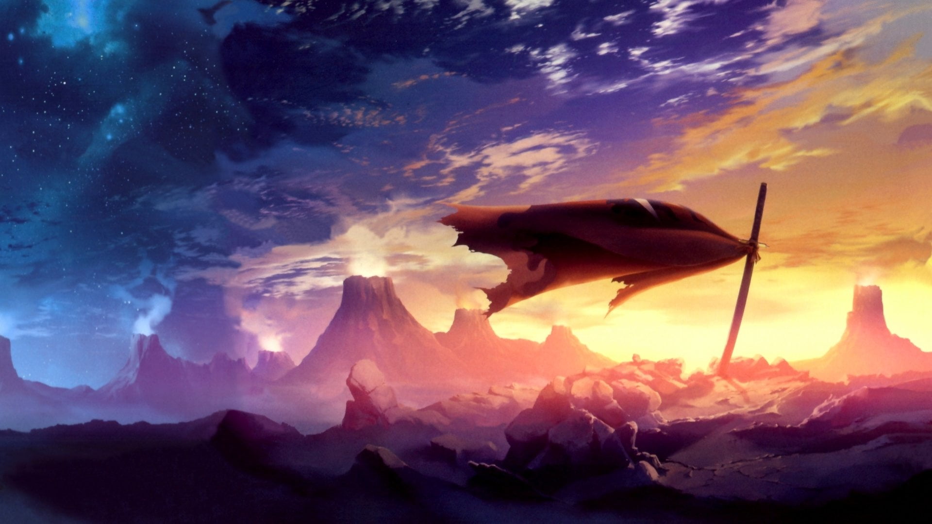 one animal, Stars, Weapon, mountain, orange color, 1080P, scenics - nature, landscape, dramatic sky, Tengen Toppa Gurren Lagann, red, environment, digital composite, HD Wallpaper