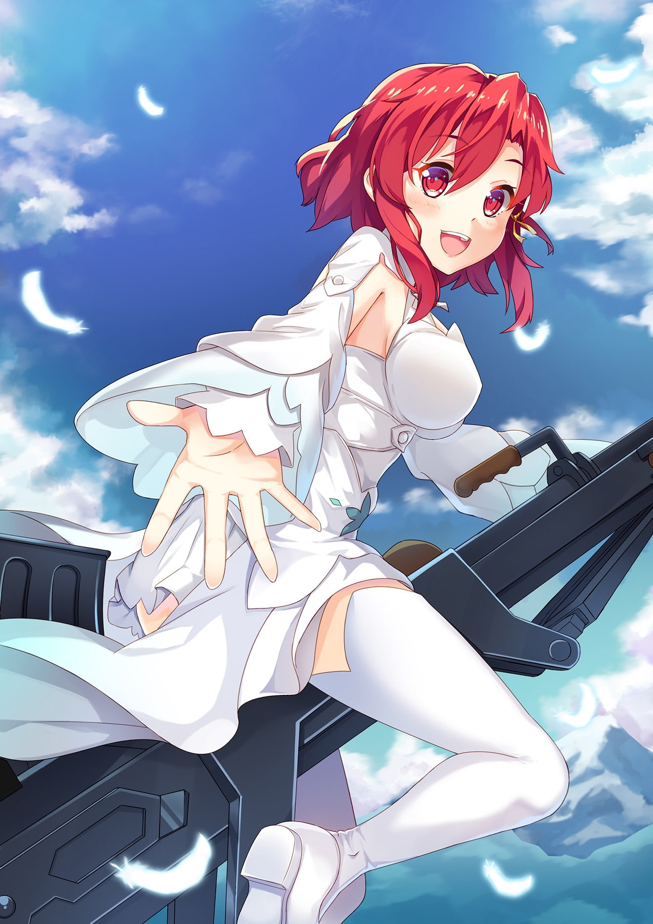 clouds, anime, Izetta, dress, weapon, short hair, red eyes, sky, anime girls, 720P, Shuumatsu no Izetta, redhead, gun, thigh-highs, Phone HD Wallpaper