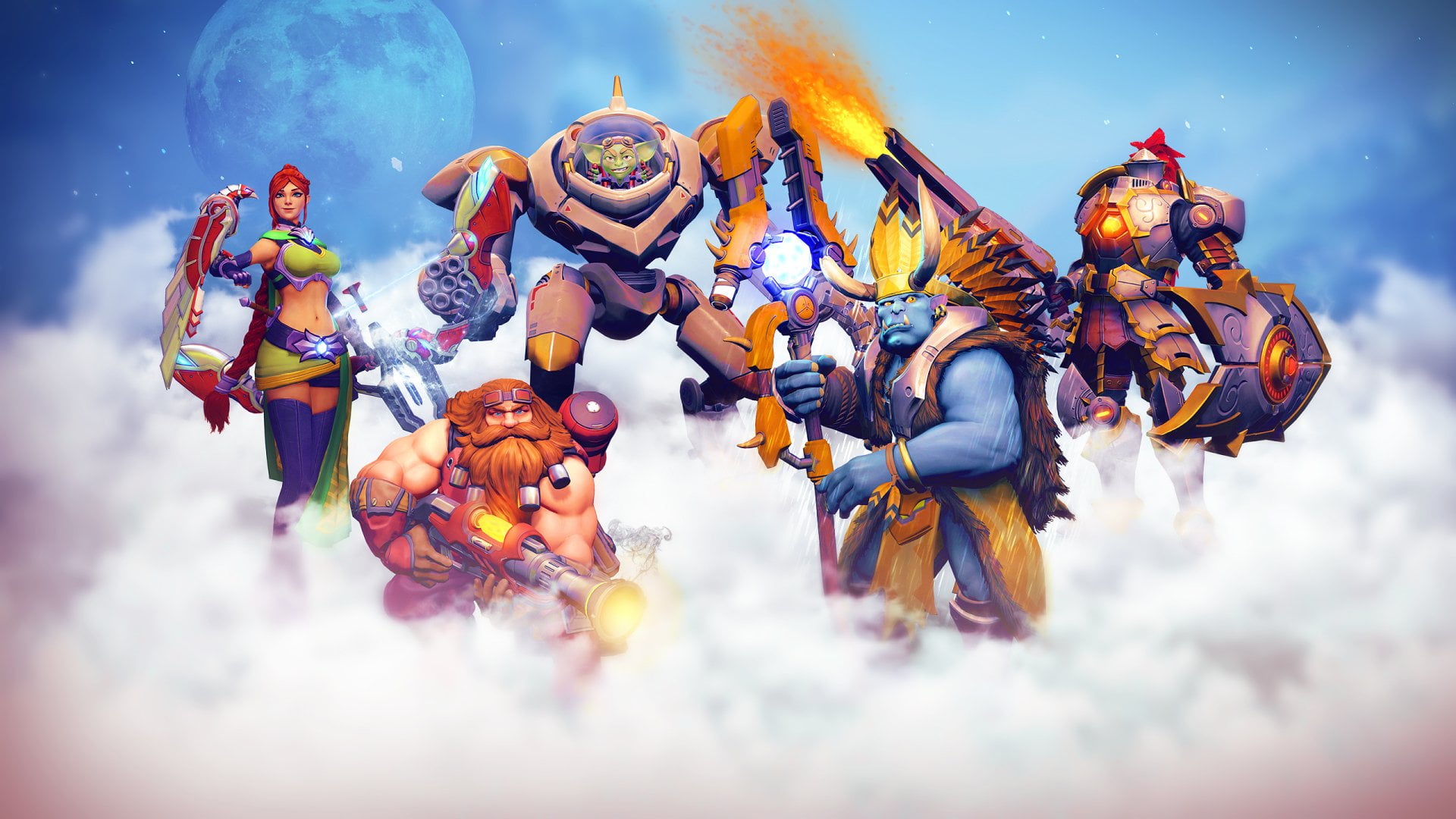 Smile, low angle view, event, cloud - sky, Moon, Beard, Gun, no people, art and craft, sky, Man, Girl, Paladins, Red Hair, Glow, celebration, Paladins (Video Game), HD Wallpaper