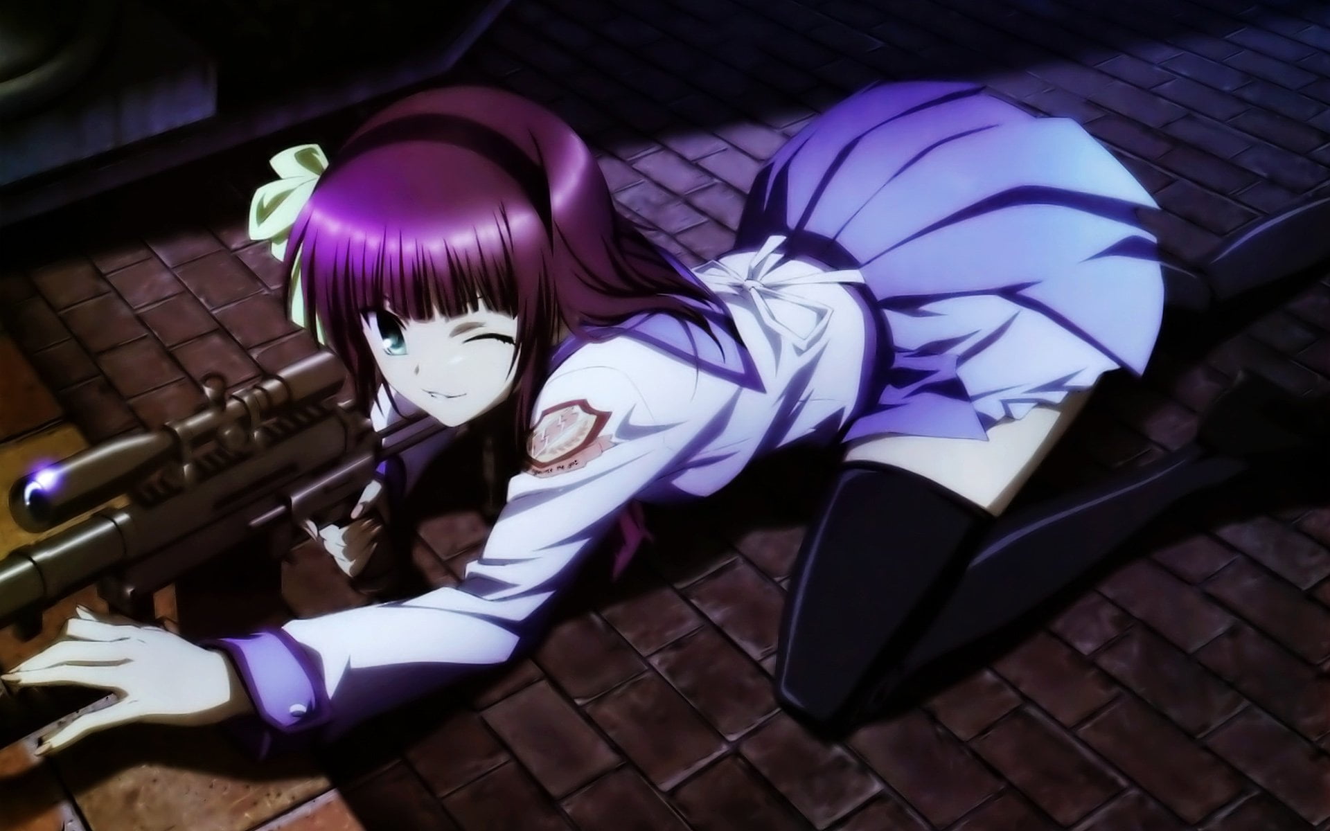 creativity, Anime, young adult, high angle view, character, Smile, purple, Skirt, lifestyles, Sniper Rifle, lighting equipment, 1080P, sniper, HD Wallpaper