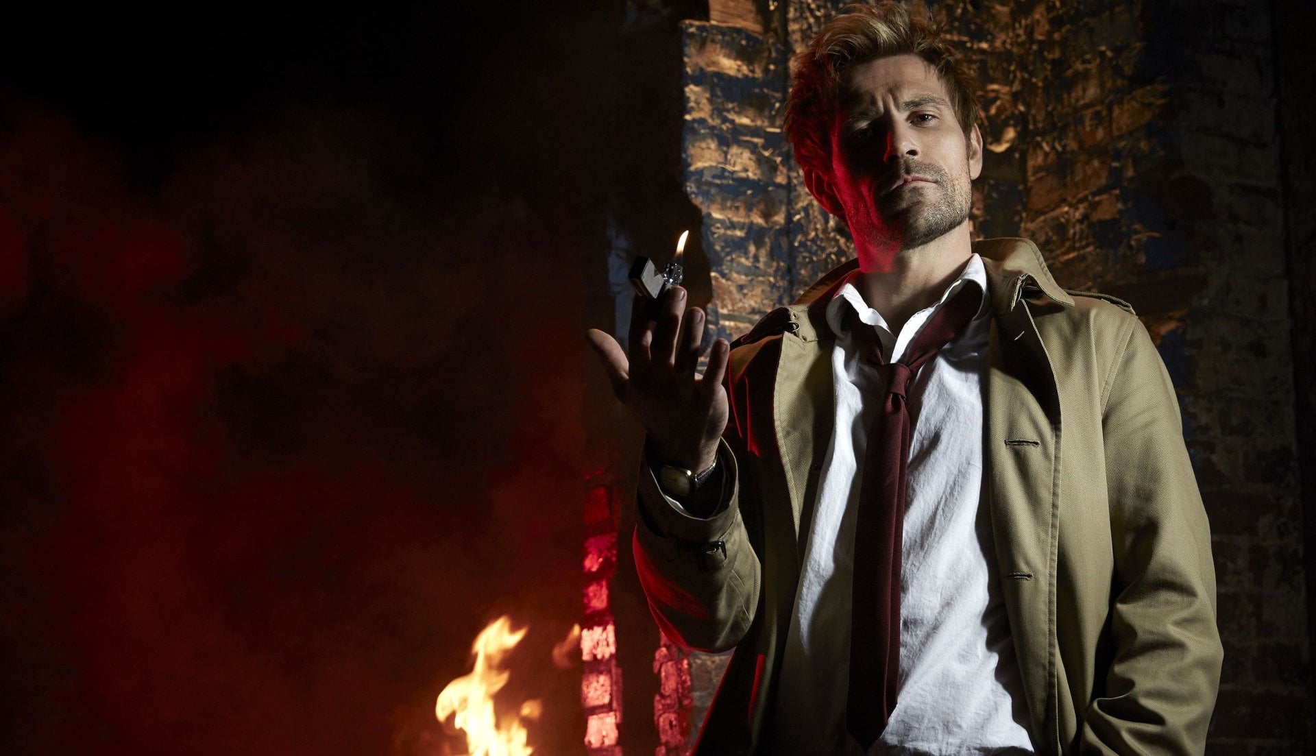 front view, males, communication, fire - natural phenomenon, 1080P, suit, indoors, night, John Constantine, adult, waist up, young adult, businessman, HD Wallpaper